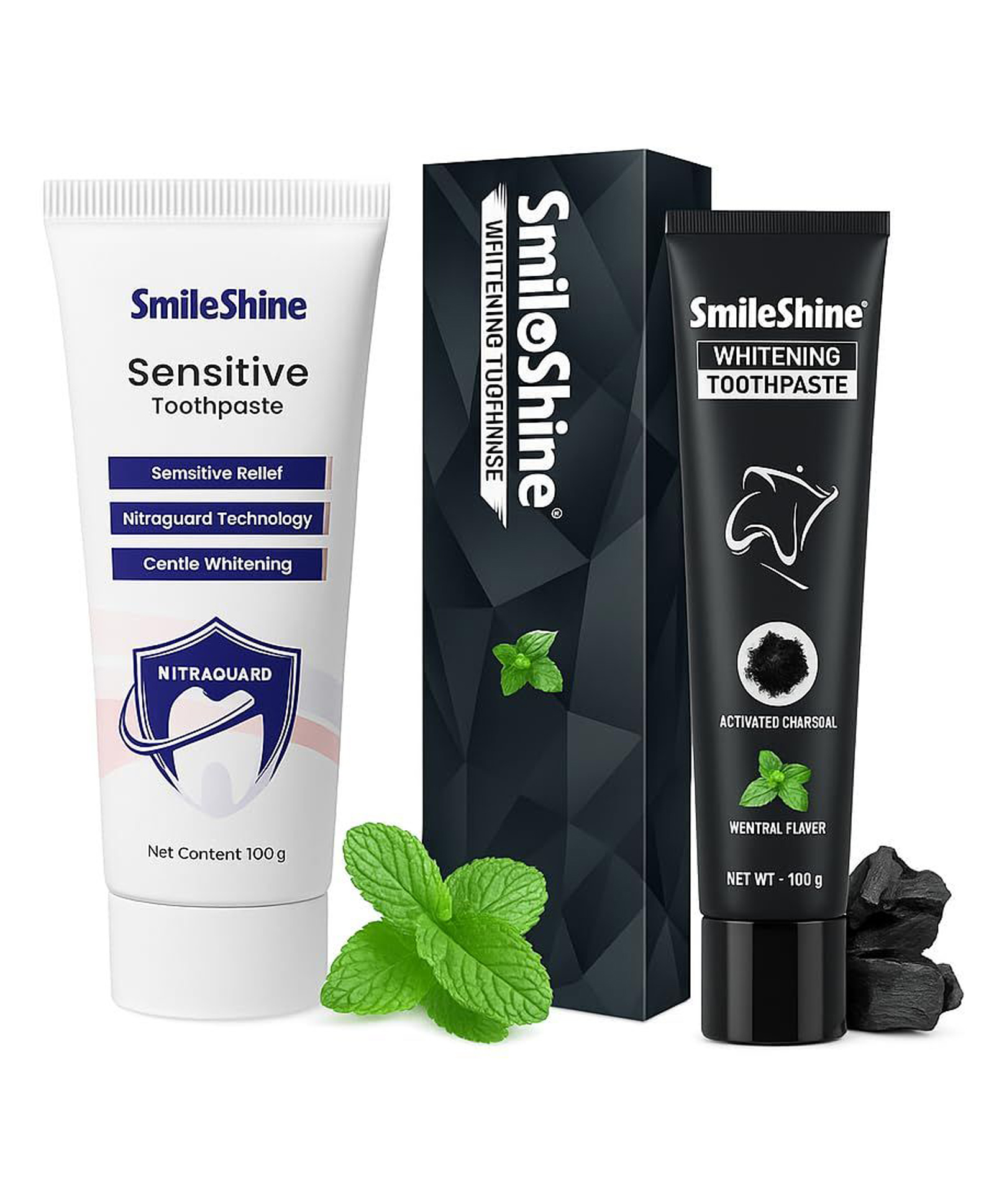 SmiloShine Advanced Teeth Whitening with Activated Charcoal Toothpaste + SmiloShine Nitraguard Sensitive Toothpaste | Ages 12+ | Pack of 2-image-2