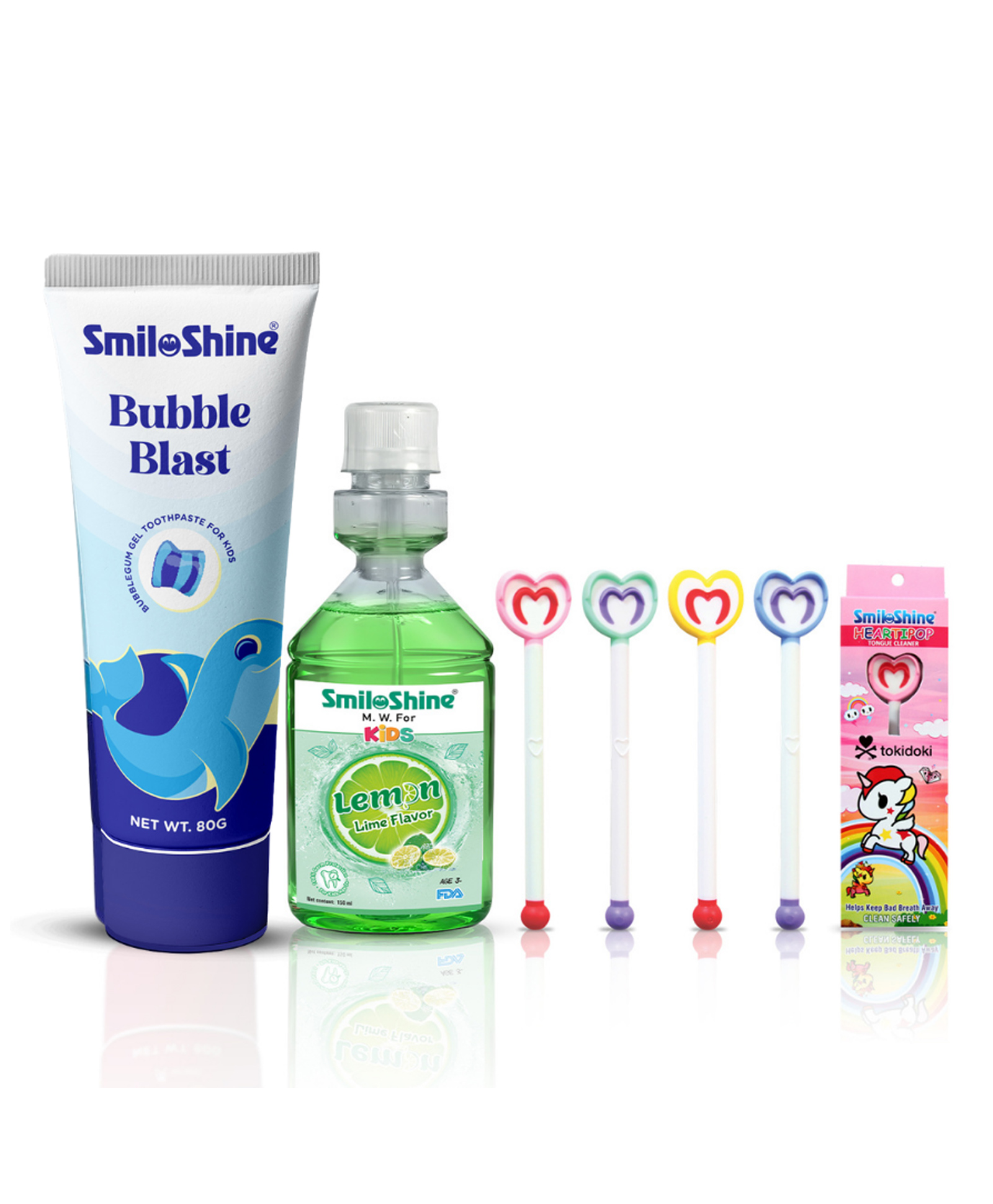 SmiloShine Kids Oral Care Combo (3 Pcs) | Kids Gel Toothpaste Bubble Blast (Glow In The Dark) + Kids Mouthwash Lemon Lime + Unicorn Heartipop Tongue Cleaner | Ages 3+-image-4