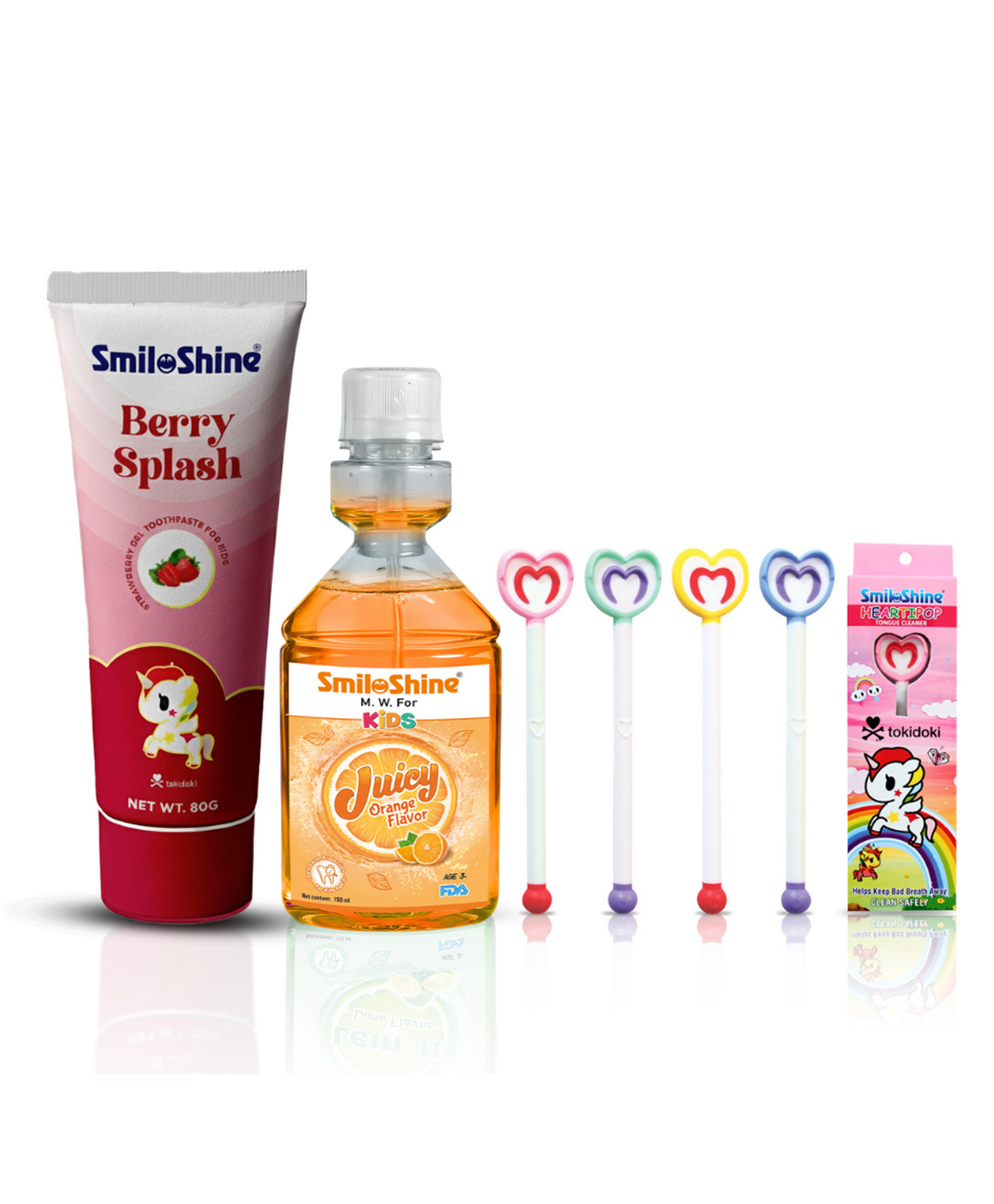 SmiloShine Kids Oral Care Combo (3 Pcs) for Ages 3+ | Unicorn Gel Toothpaste Berry Splash (Glow In The Dark) (1 Pc) + Kids Mouthwash Juicy Orange (1 Pc) + Unicorn Heartipop Tongue Cleaner (1 Pc)-image-9