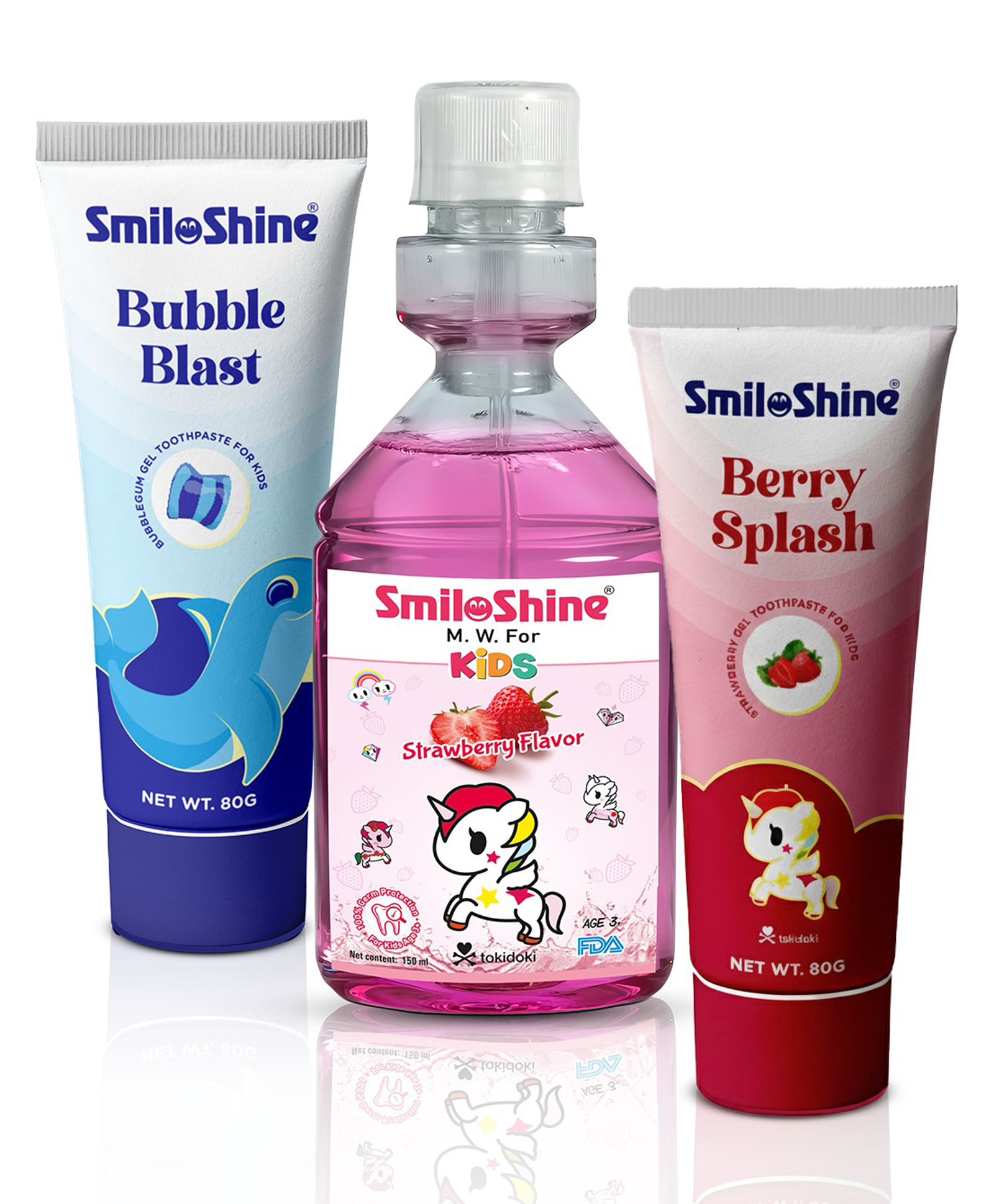 SmiloShine Kids Gel Toothpaste Bubble Blast (Glow In The Dark) + SmiloShine Kids Unicorn Gel Toothpaste Berry Splash (Glow In The Dark) + SmiloShine Kids Mouthwash Strawberry Flavour | Ages 3 Plus-image-4