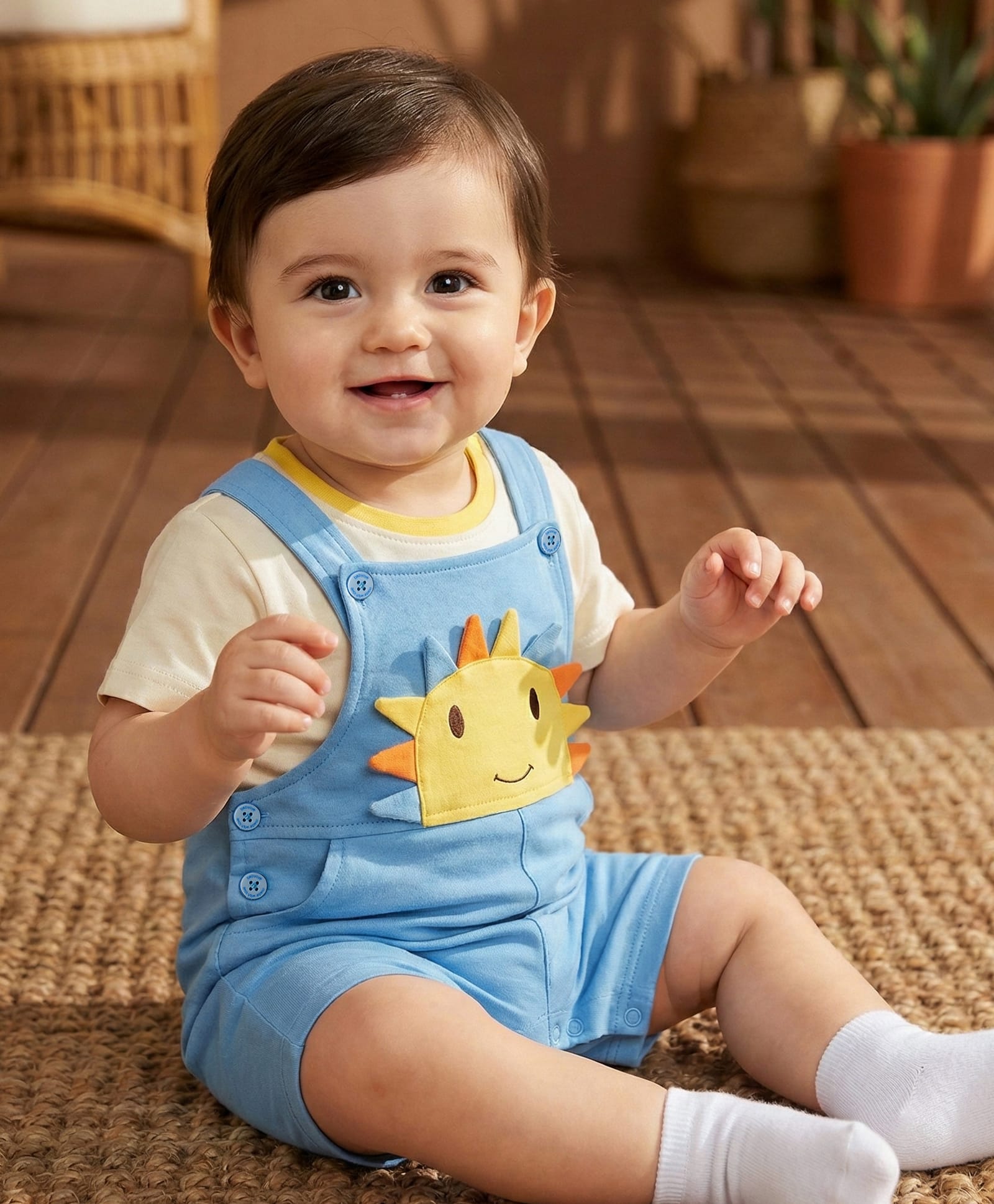 Babyoye 100% Cotton Knit Dungaree & Half Sleeves Inner Tee With Sun Applique - Light Blue & White-image-10