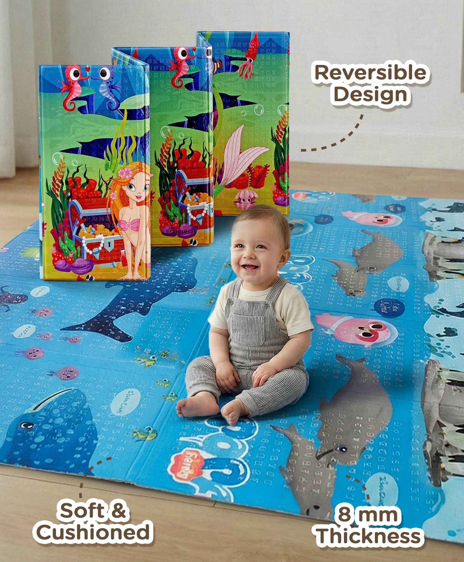 Play Nation Reversible Foldable Aquatic Theme Learning & Play Floor Mat 6ft x 5ft| 8mm Thick| Waterproof Soft Foam| Colorful Crawling & Baby Massage Mat| Easy to Carry Bag |BIS Certified