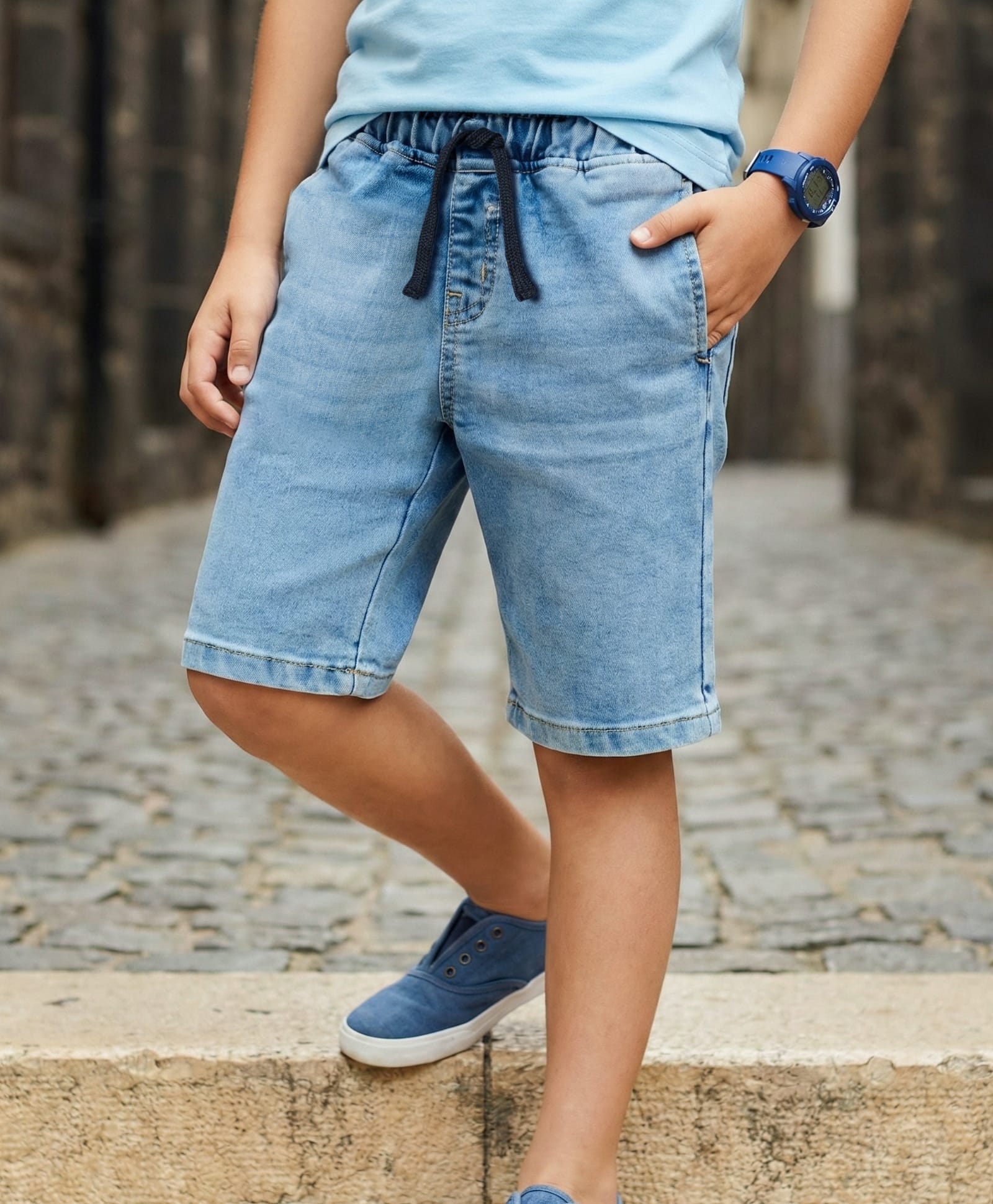Pine Kids Denim Woven Solid Color Shorts - Light Blue-picture-10