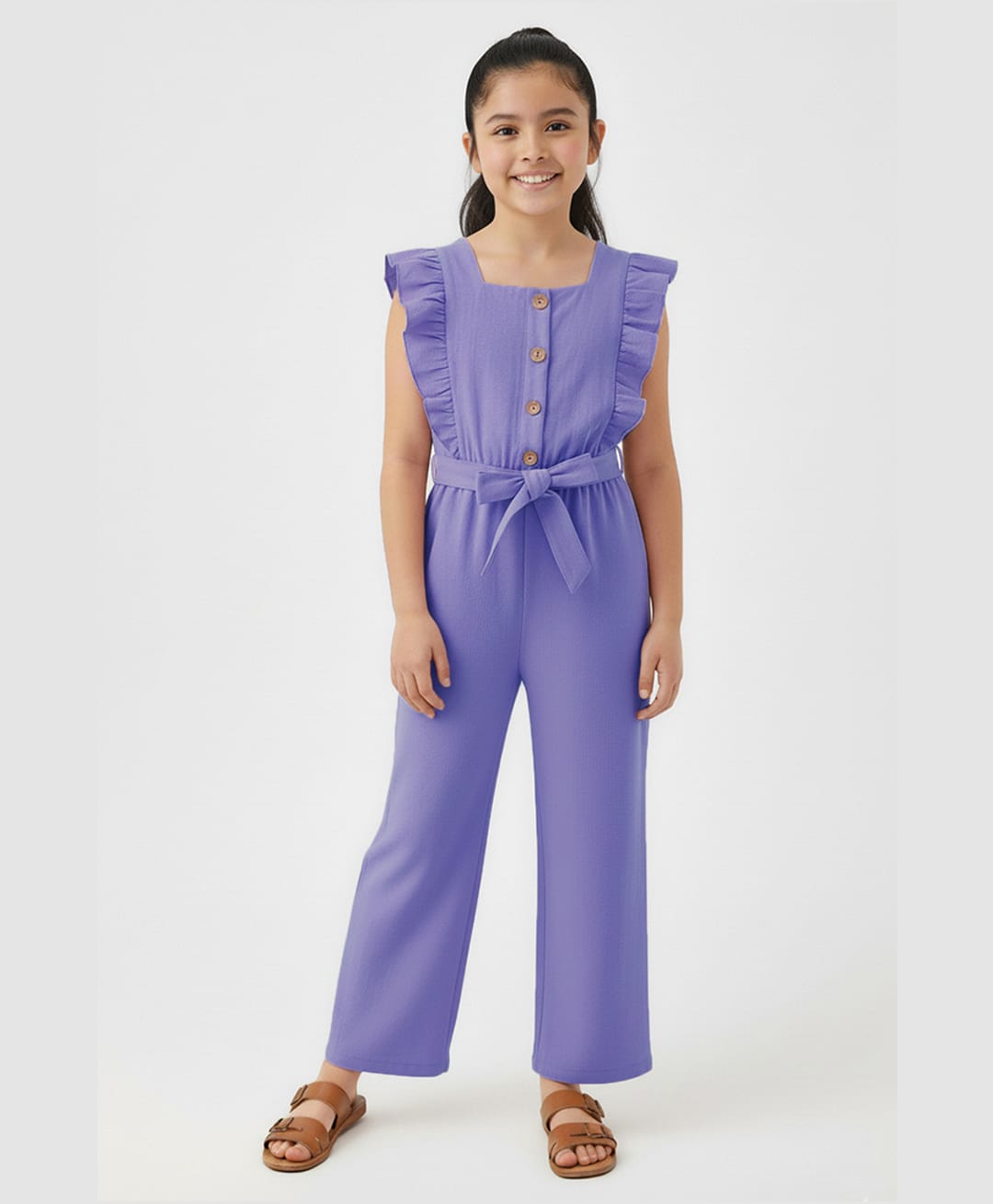 Trampoline Cotton Woven Frill Sleeves Solid Jumpsuit - Lavender-picture-12