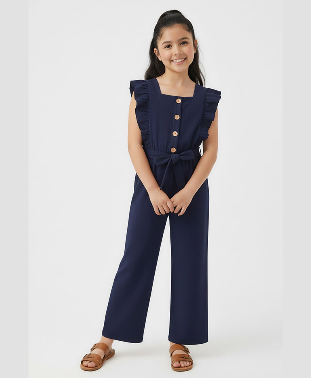 Trampoline Cotton Woven Frill Sleeves Solid Jumpsuit - Navy Blue-picture-18