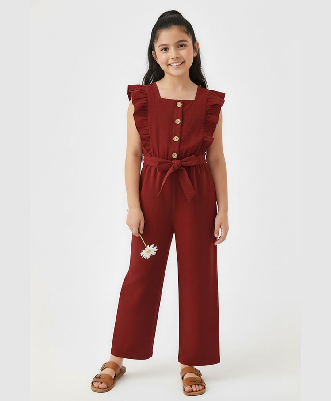 Trampoline Cotton Woven Frill Sleeves Solid Jumpsuit - Maroon-picture-17