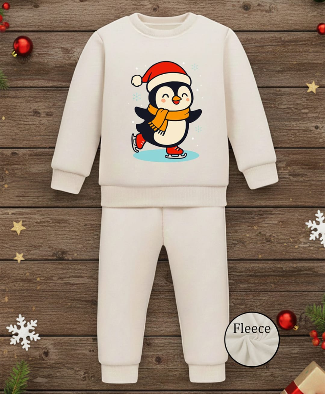 Trampoline Fleece Knit Full Sleeves Penguin Printed Winter Sweatshirt & Pant Set - White-picture-15