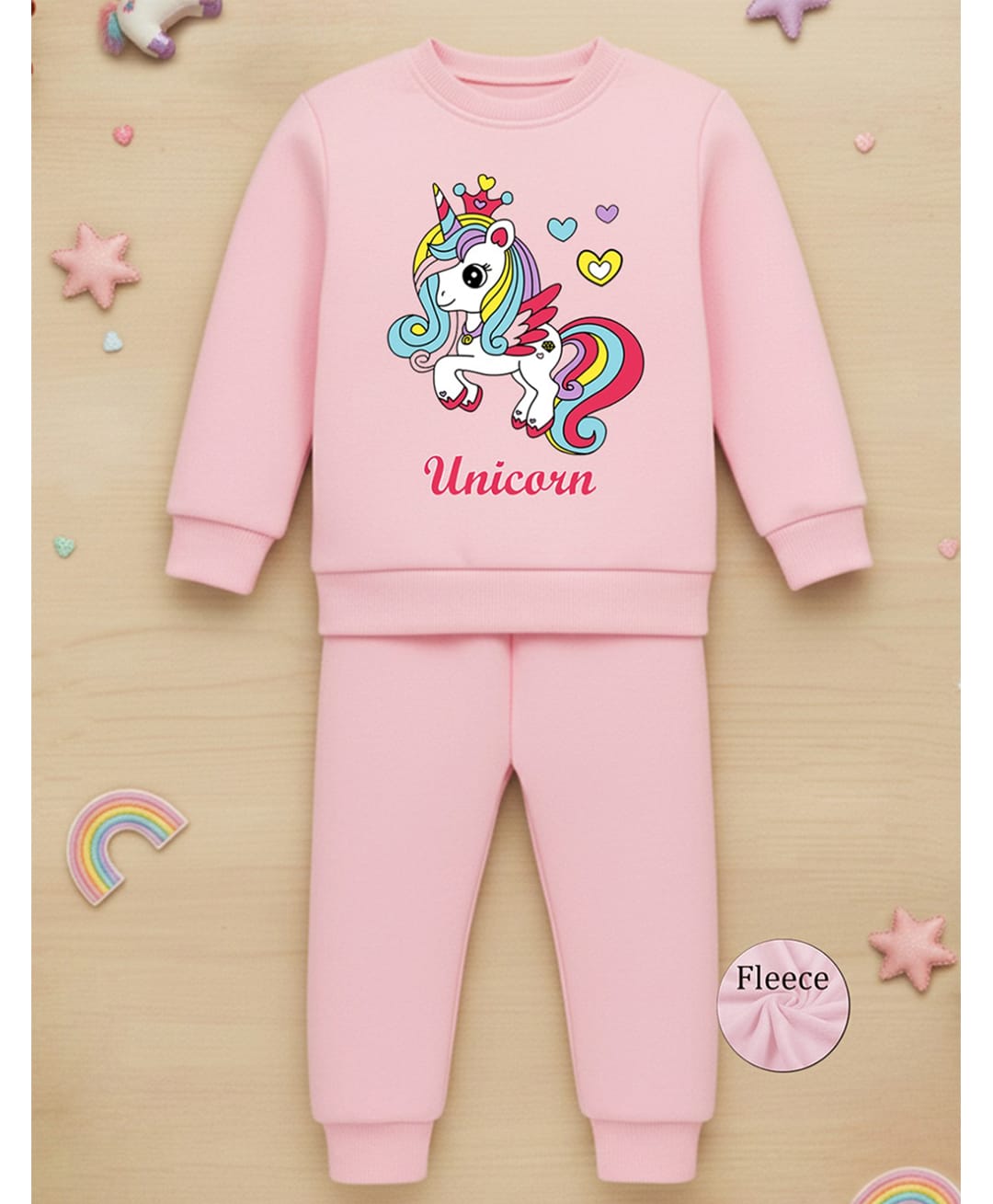 Trampoline Fleece Knit Full Sleeves Unicorn Printed Winter Sweatshirt & Pajama Set - Pink-picture-21