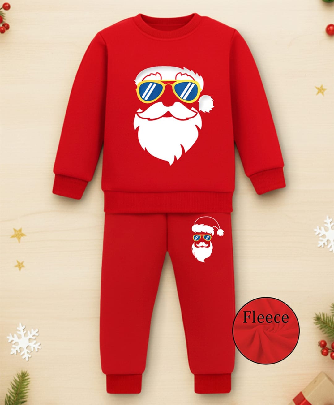 Trampoline Christmas Theme Fleece Knit Full Sleeves Santa Claus Printed Winter Sweatshirt & Pajama Set - Red-image-30