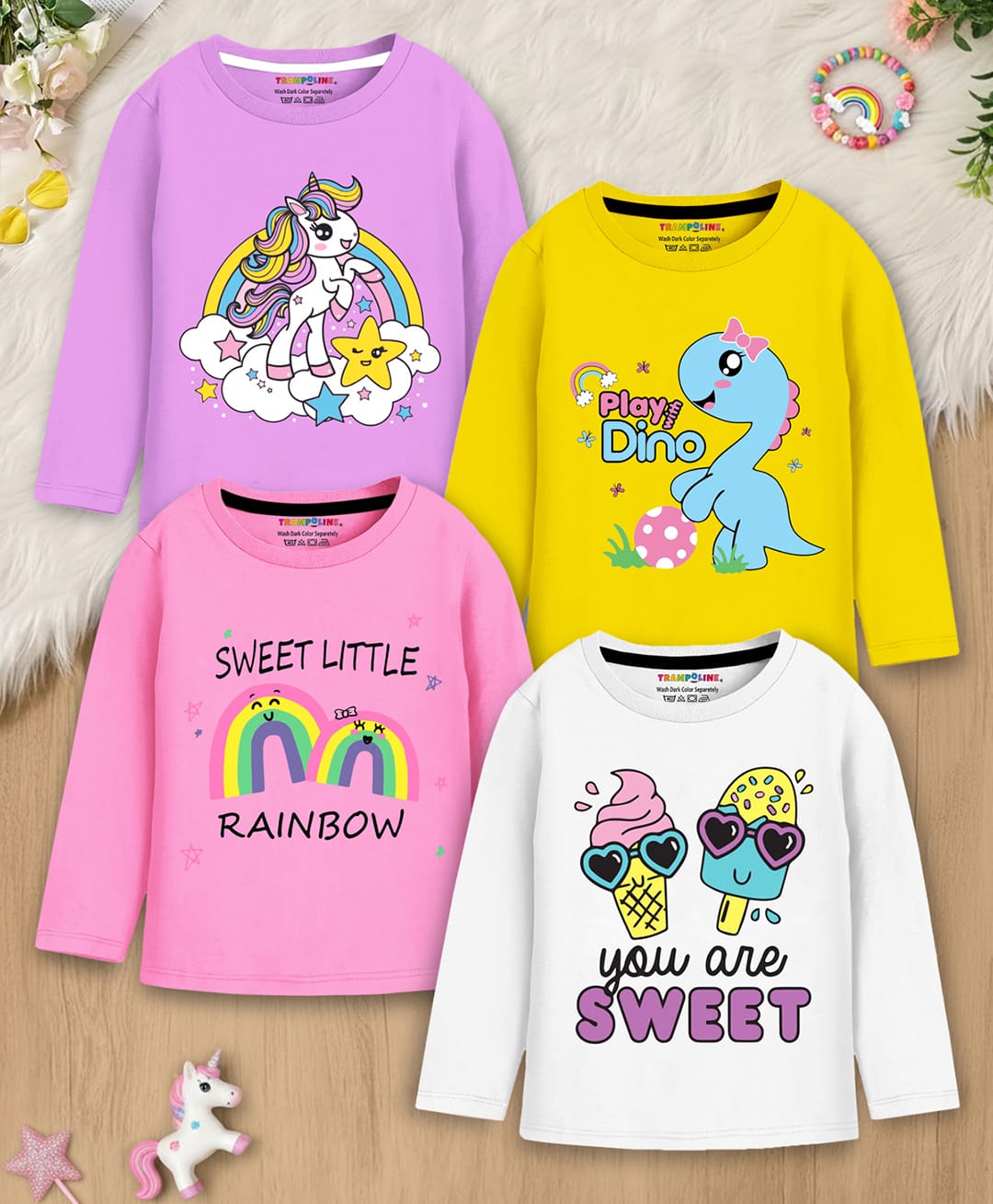 Trampoline Cotton Blend Knit Pack Of 4 Full Sleeves Unicorn Baby Dinosaur & Rainbow Printed Tees - Multi Colour-image-0