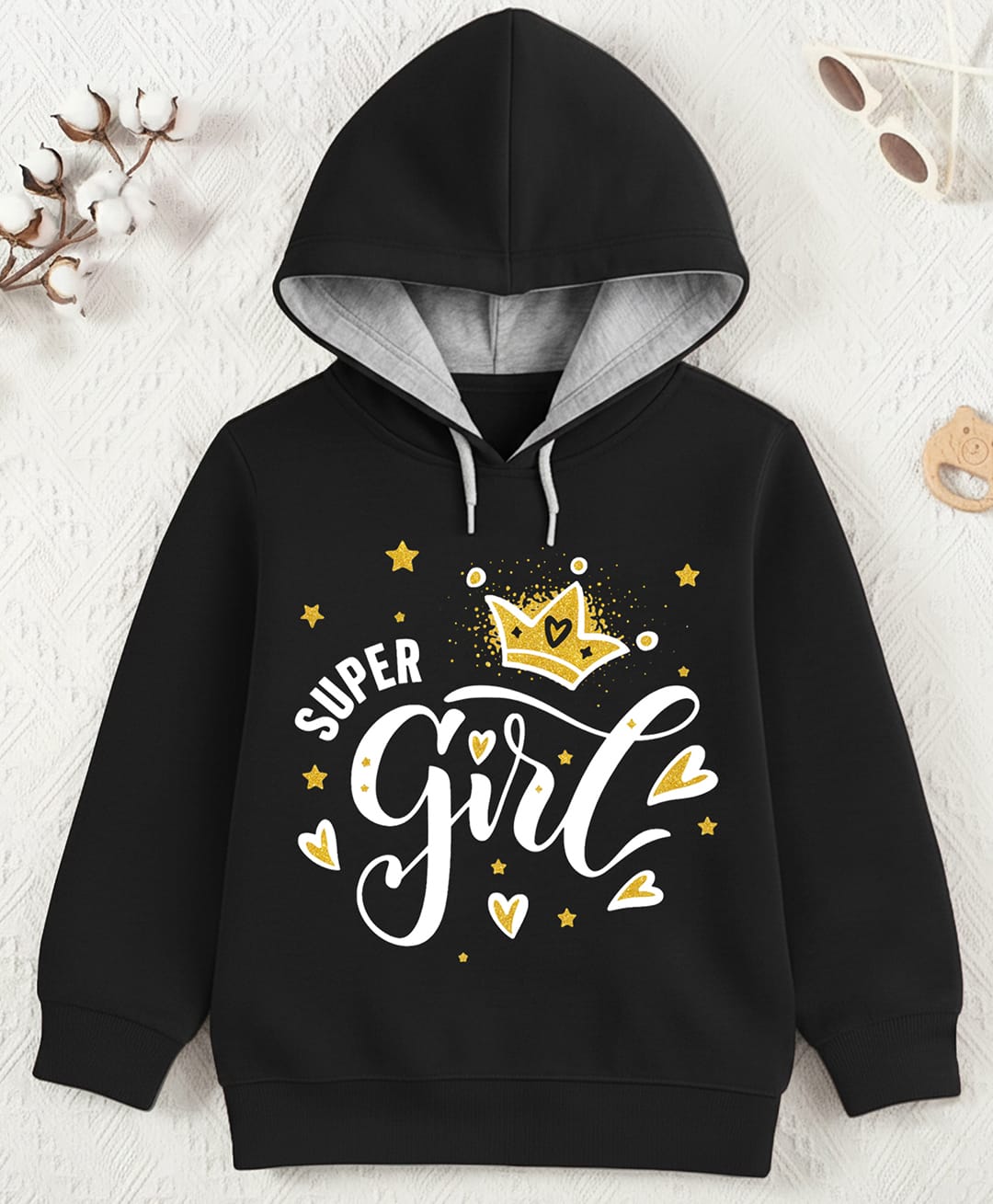 Trampoline Fleece Knit Full Sleeves Super Girls Text Printed Light Winter Hooded Sweatshirt - Black-picture-10