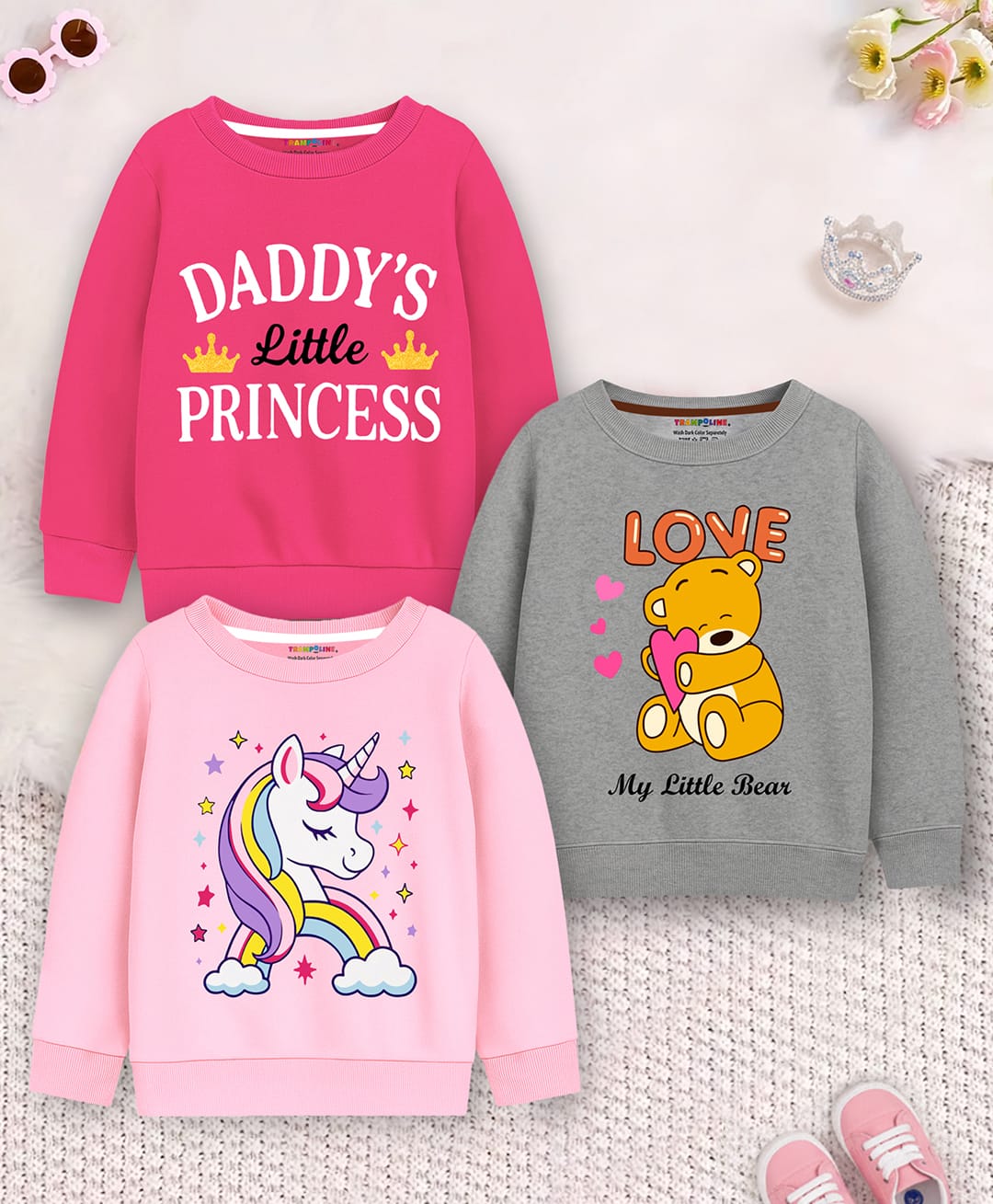 Trampoline Fleece Knit Pack Of 3 Full Sleeves Unicorn & Teddy Bear Printed Winter Sweatshirt - Multi Colour-picture-10