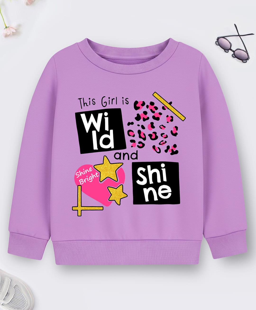 Trampoline Fleece Knit Full Sleeves This Girl Is Wild & Shine Text Printed Light Winter Sweatshirt - Purple-picture-24
