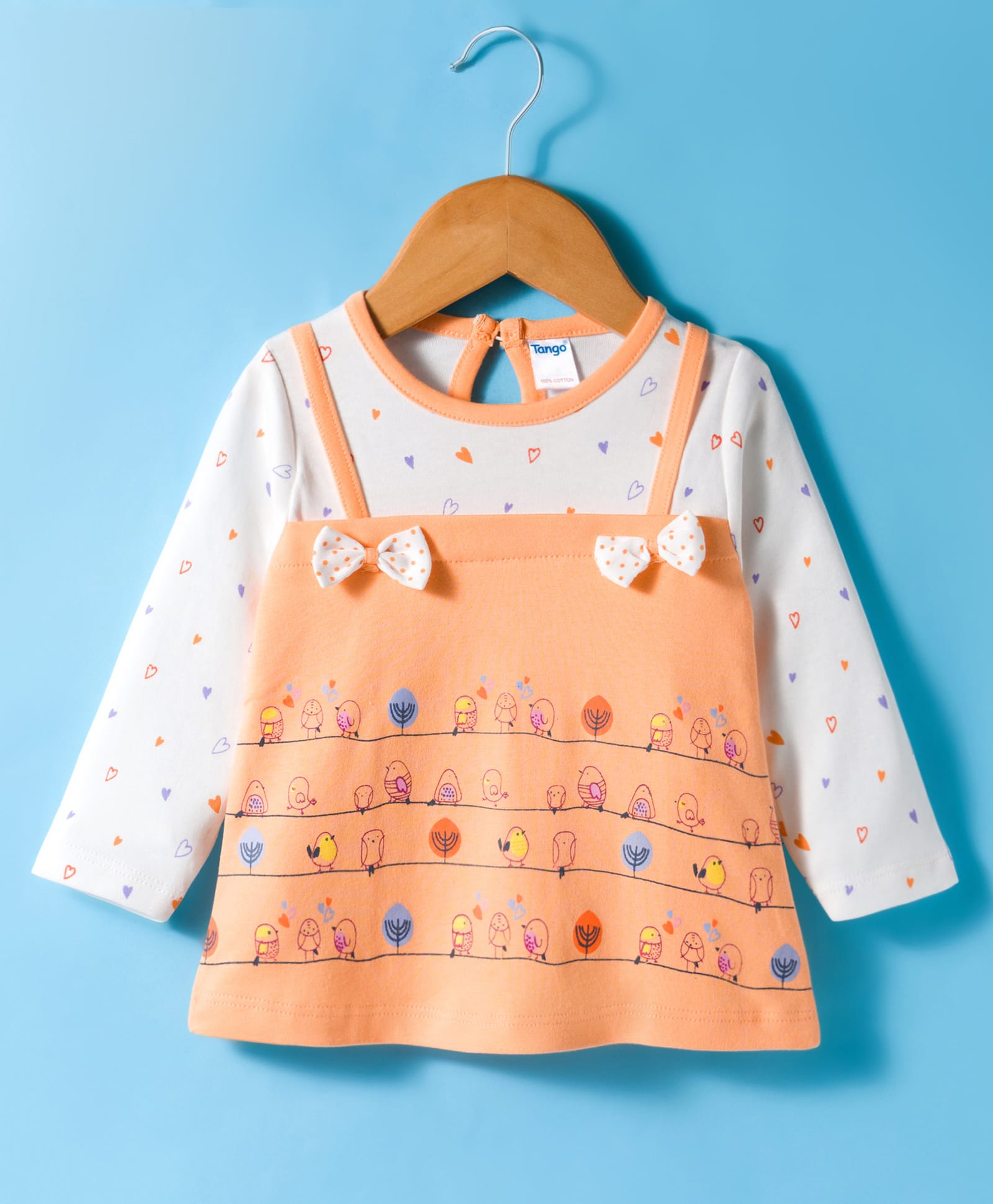 Tango Interlock Knit Full Sleeves Frock With Bird Print - Off White & Orange-picture-12