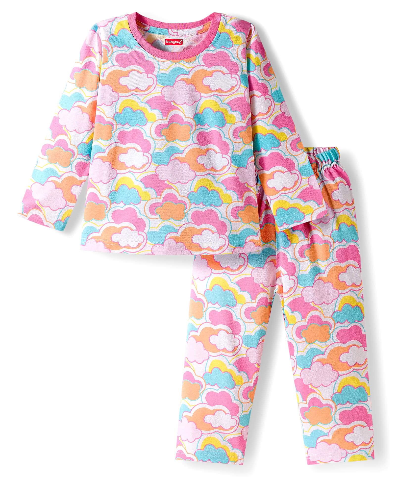 Babyhug Cotton Knit Full Sleeves Co-ords Night Suit with Cloud Print - Multicolor-image-10