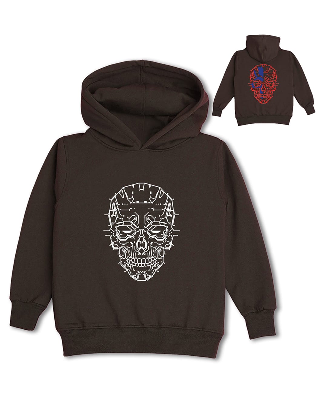 NUSYL Fleece Knit Full Sleeves Robotic Skull Printed Light Winter Hoodie - Brown-picture-15
