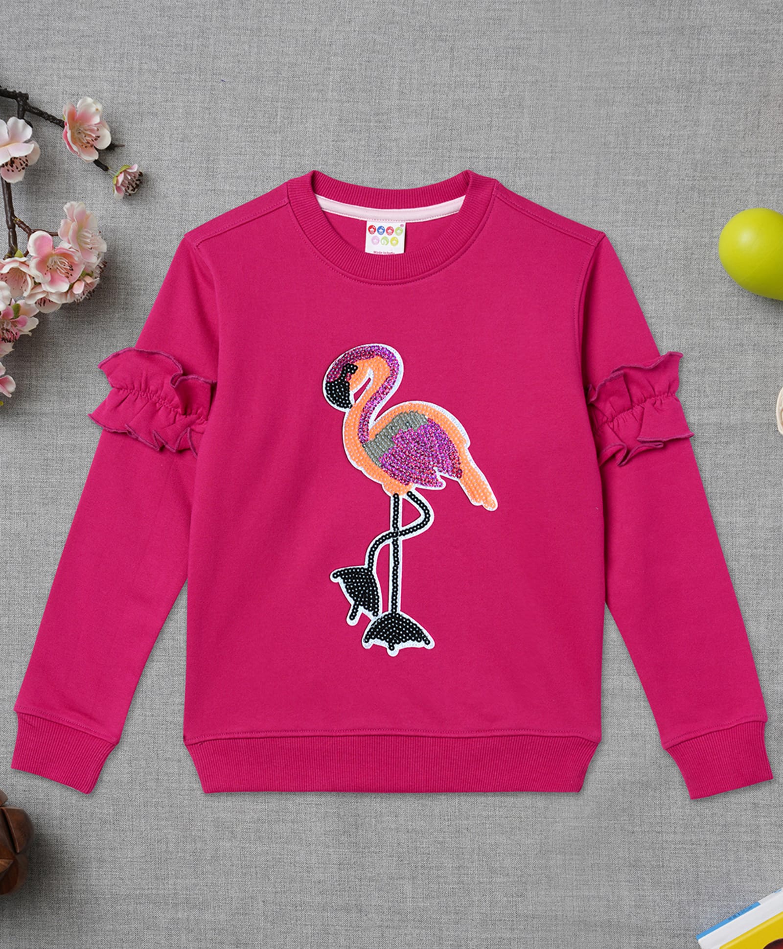 Zion Cotton Knit Full Sleeves Flamingo Reversible Sequins Embellished Light Winter Sweatshirt - Fuschia-picture-17