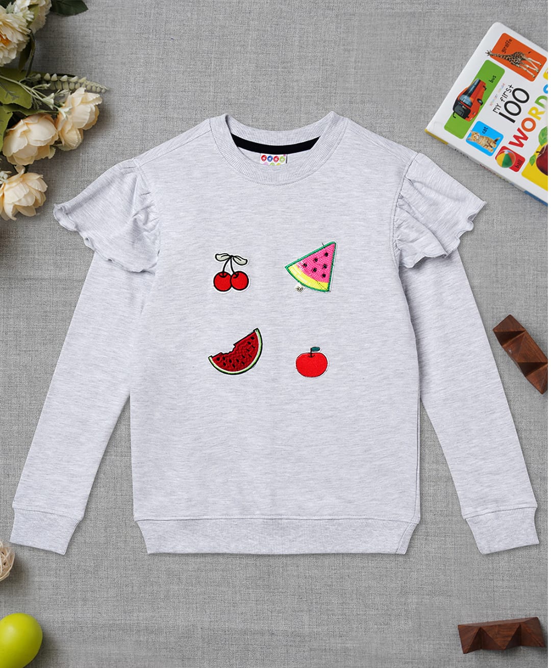 Zion Cotton Knit Full Sleeves Fruits Embroidered Light Winter Sweatshirt - White Melange-picture-12