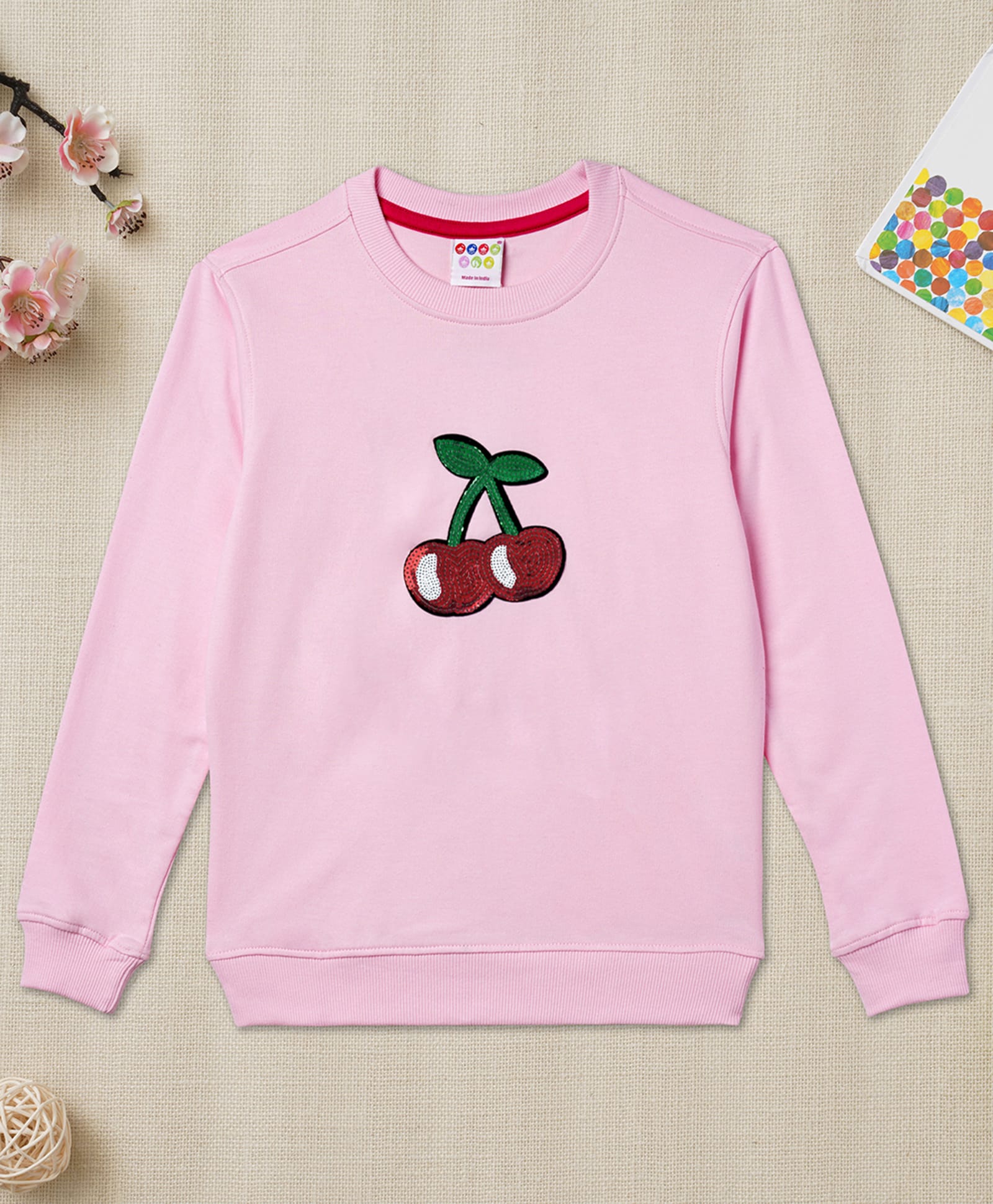 Zion Cotton Knit Full Sleeves Sequins Embellished Cherry Patch Detailed Light Winter Sweatshirt - Light Pink-picture-47