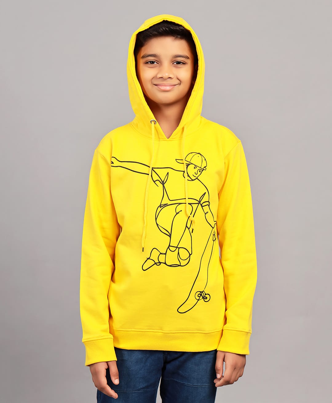 Zion Cotton Knit Full Sleeves Skater Printed Light Winter Hoodie - Yellow-image-2