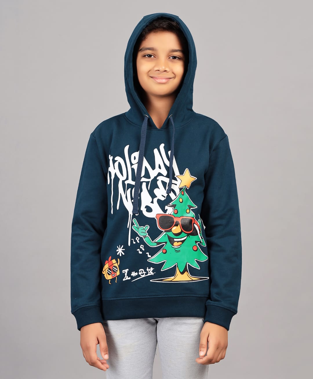 Zion Cotton Knit Christmas Theme Full Sleeves Christmas Tree Printed Light Winter Hoodie - Blue-image-26