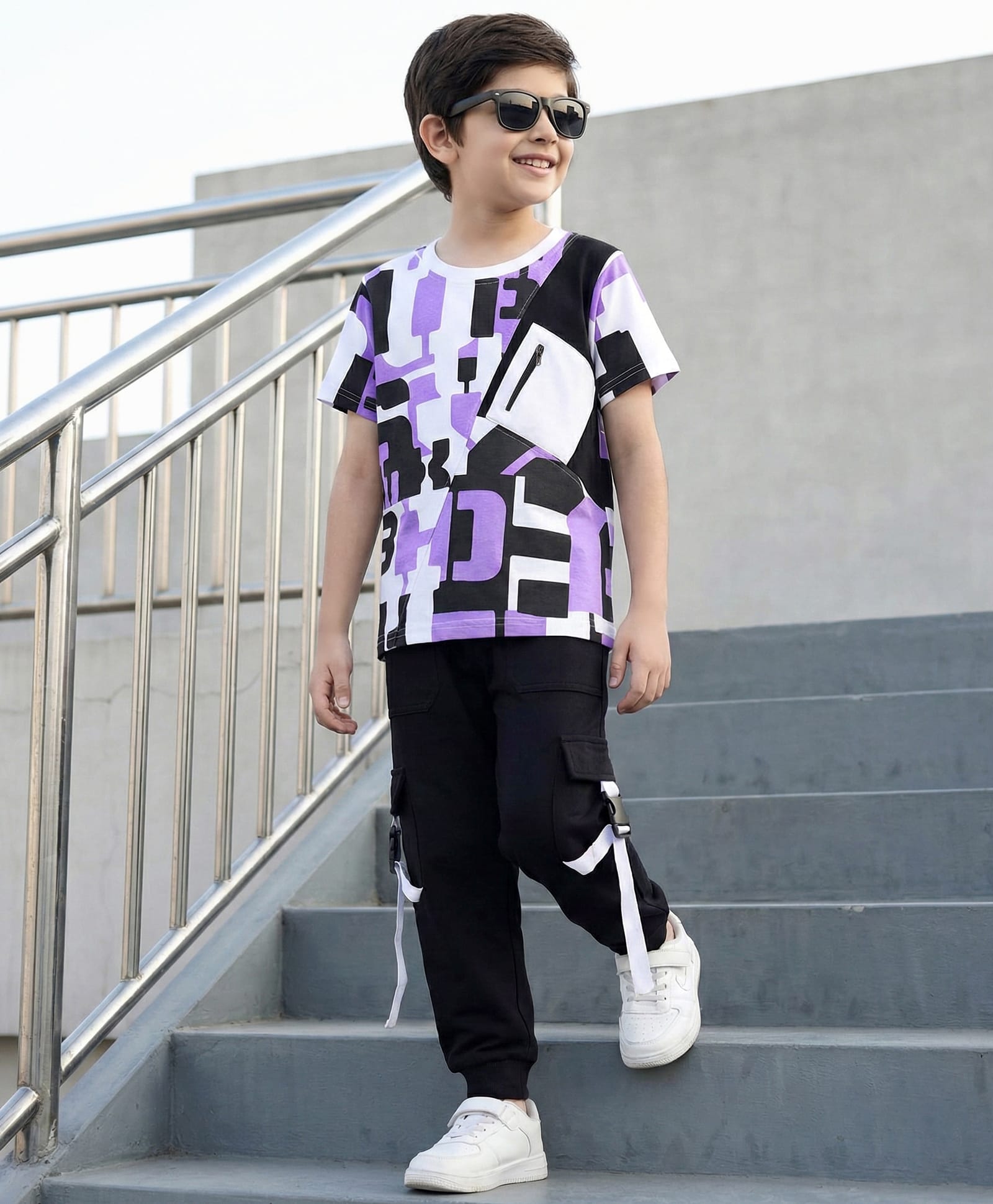 OLLINGTON ST. Cotton Knit Half Sleeve Printed T-Shirt & Joggers Set - Multicolor & Black-picture-18