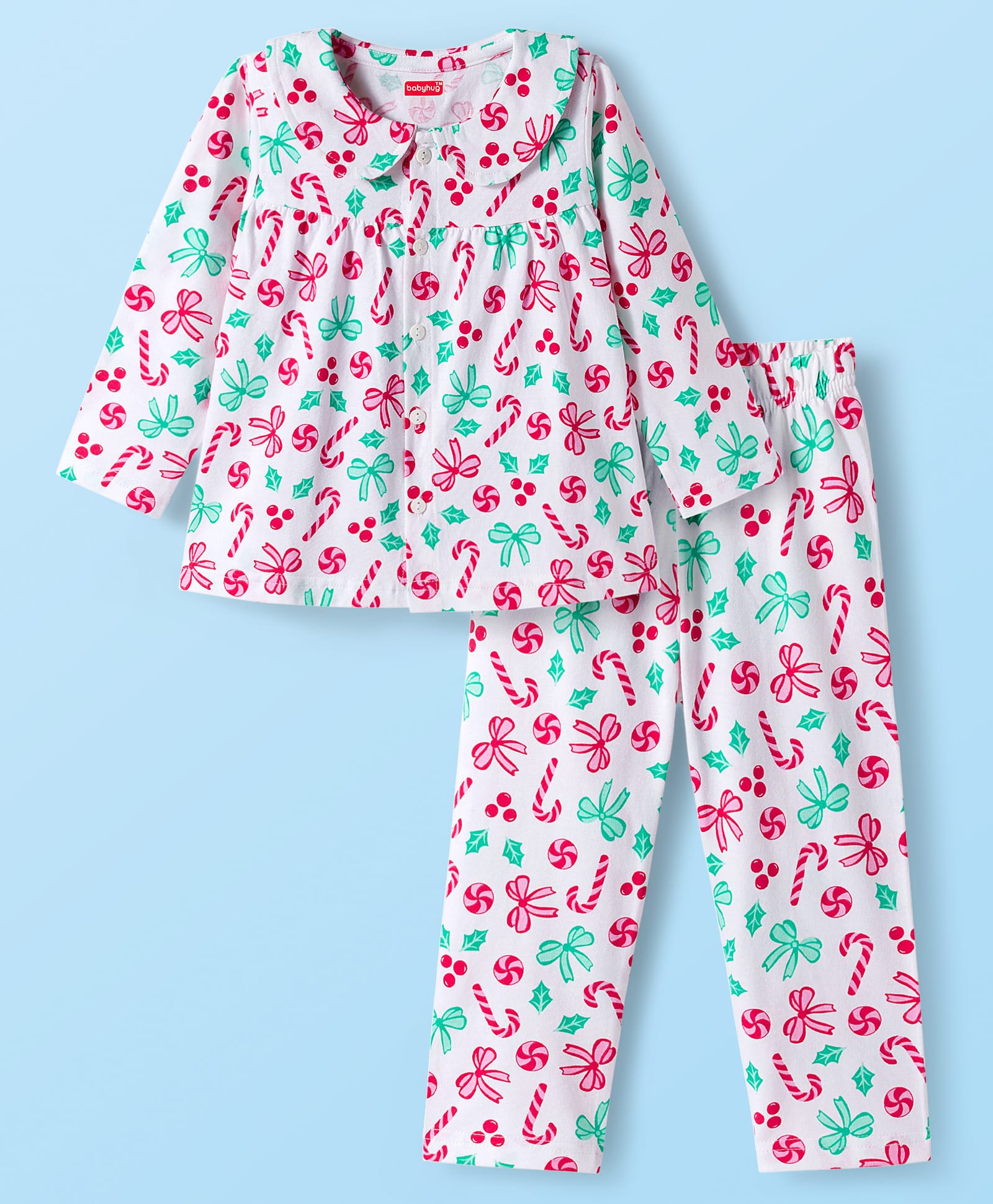 Babyhug Cotton Knit Full Sleeves Co-ord Night Suit With Candy Print - White-image-44
