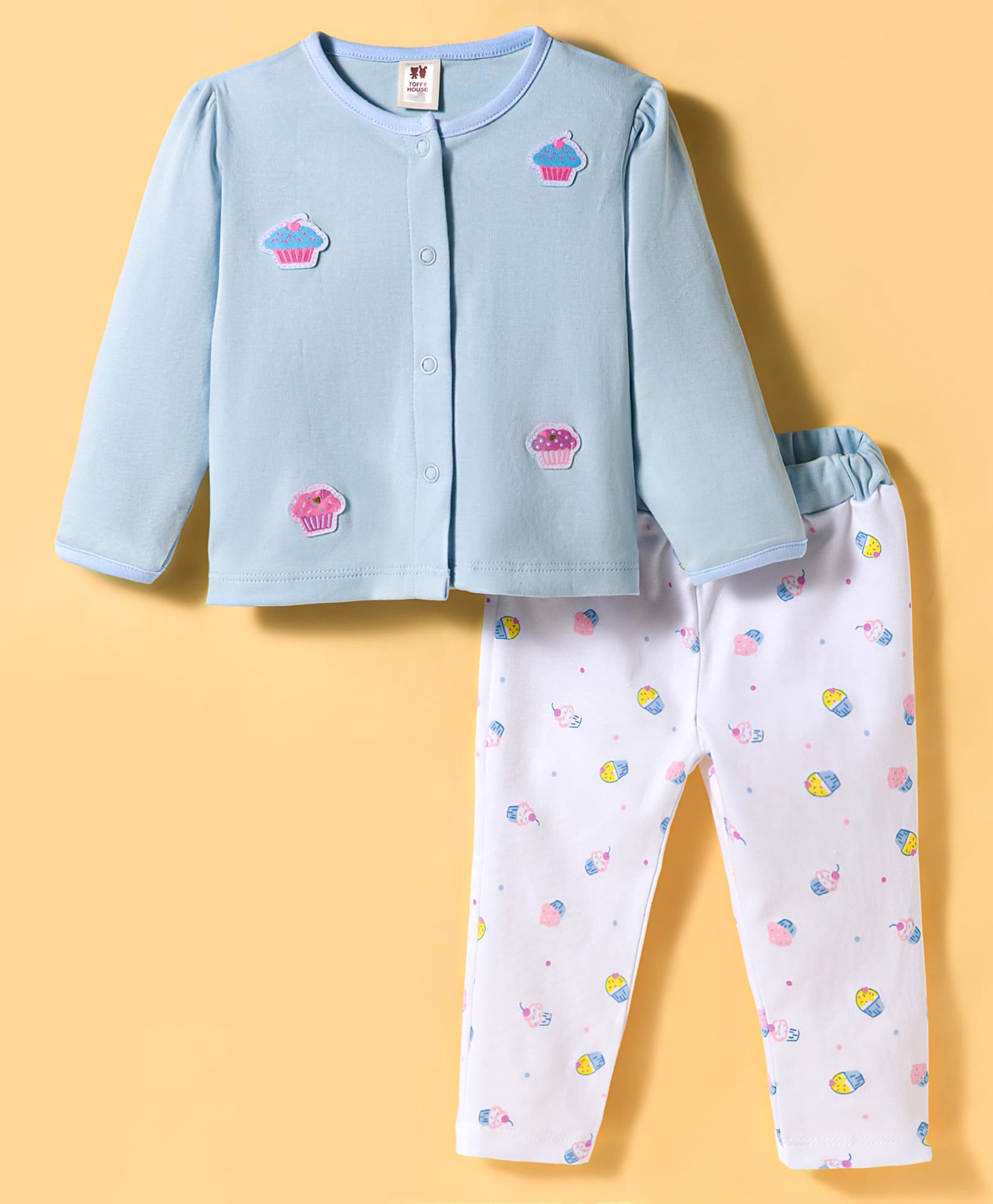 ToffyHouse Interlock Knit Full Sleeves Night Suit With Cupcake Print & Patch - Light Blue-picture-31