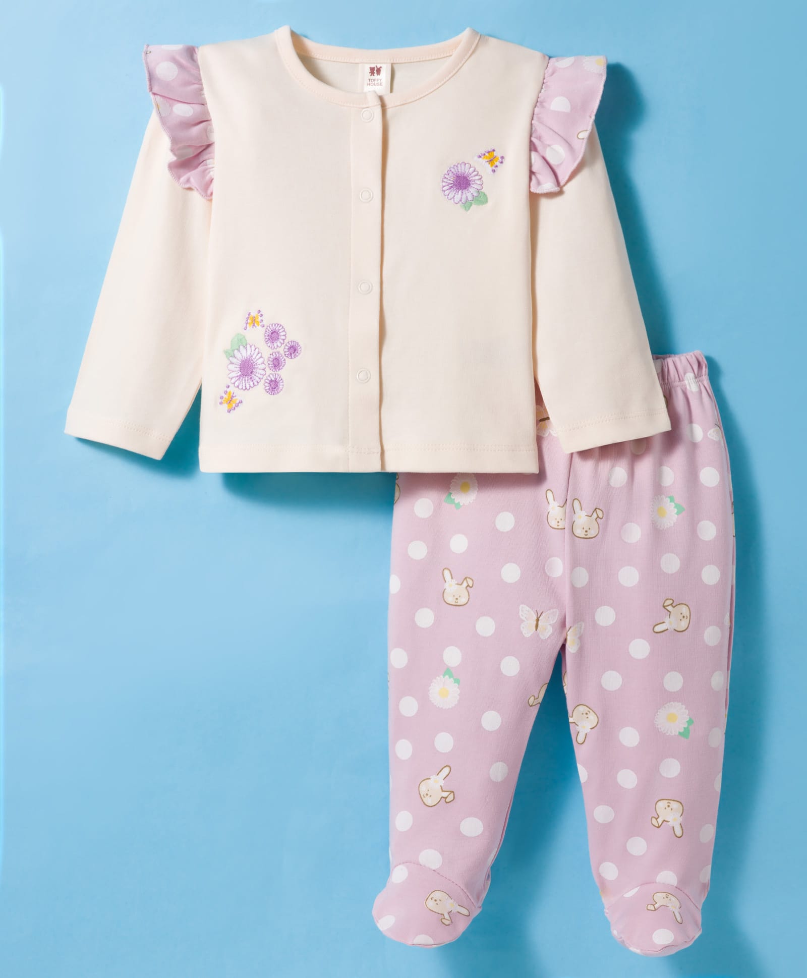 ToffyHouse Interlock Knit Full Sleeves Footed Night Suit With Floral & Bunny Print - Pink-image-29