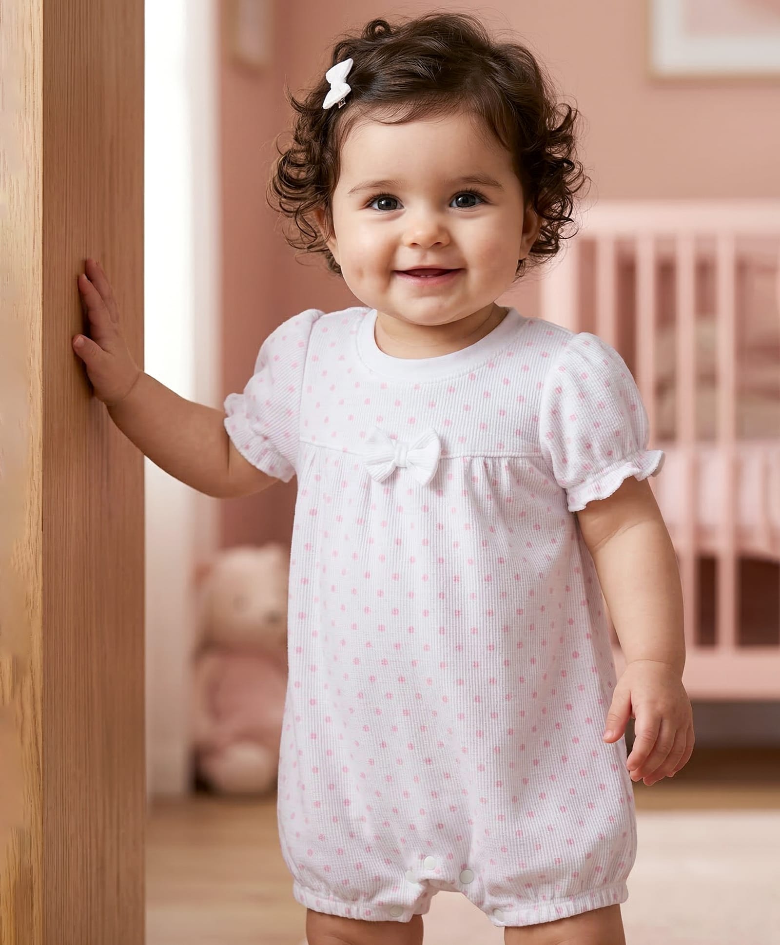 Babyoye 100% Cotton Knit With Eco Jiva Finish Solid Dyed Half Sleeves Romper with Polka Dot Print & Bow Applique - Muticolor-image-26