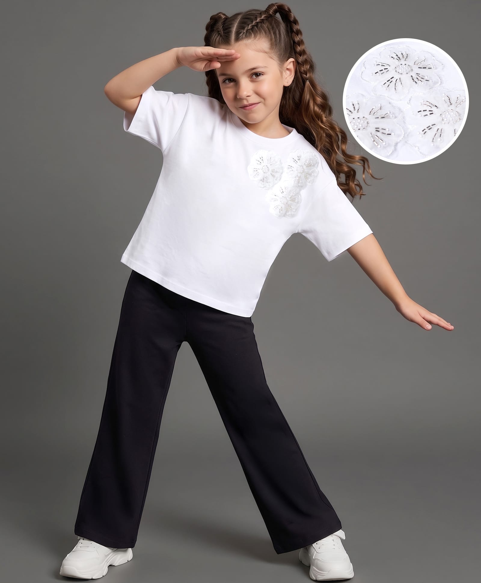 Primo Gino 100% Cotton Knit Half Sleeves Oversized T-Shirt With Floral Crochet & Pyjama Set - White & Black-image-22