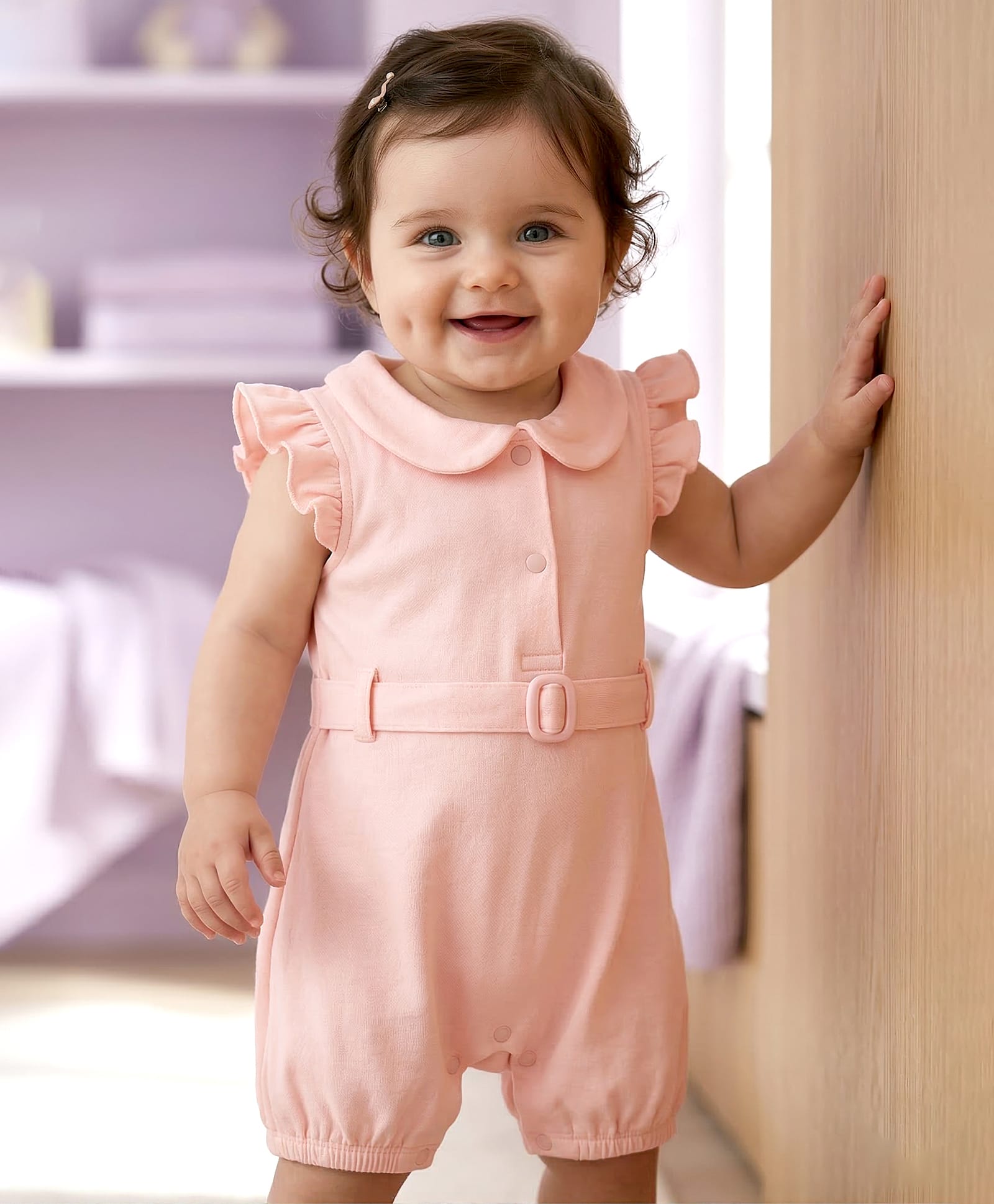 Babyoye 100% Cotton Knit With Eco Jiva Finish Solid Dyed Frill Sleeves Romper - Peach-image-9