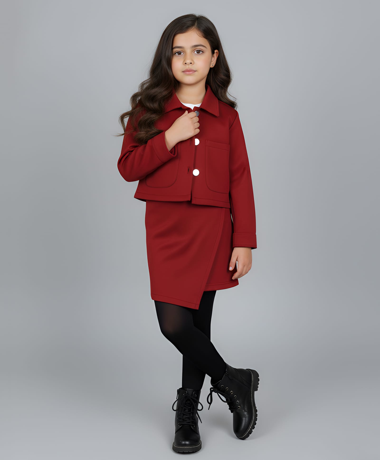 Taffykids Suede Knit Full Sleeves Solid Jacket With Skort Set - Red-picture-4