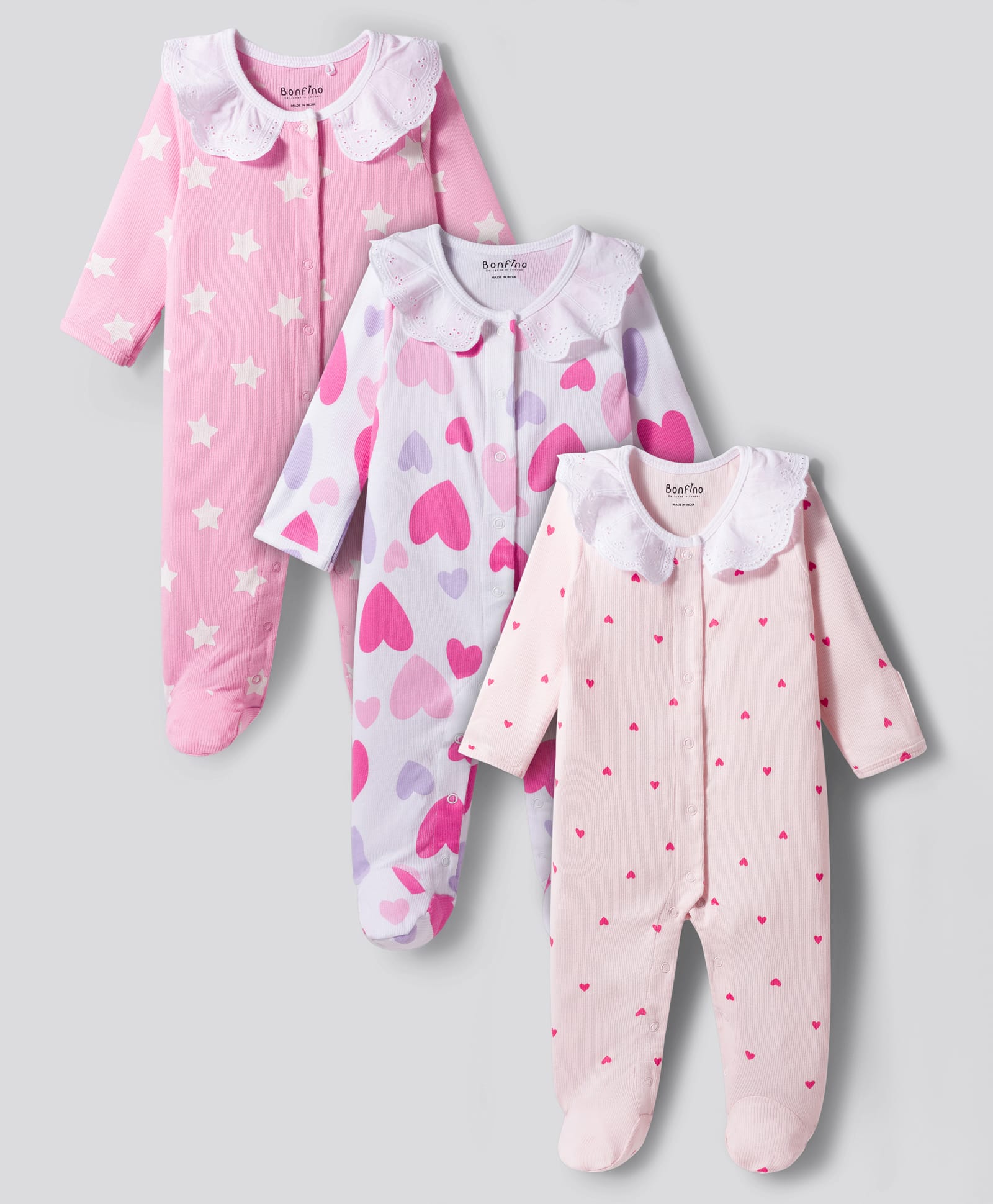 Bonfino 100% Cotton Rib Full Sleeves Footed Sleepsuit With Hearts & Star Print Pack of 3 - Pink-picture-19
