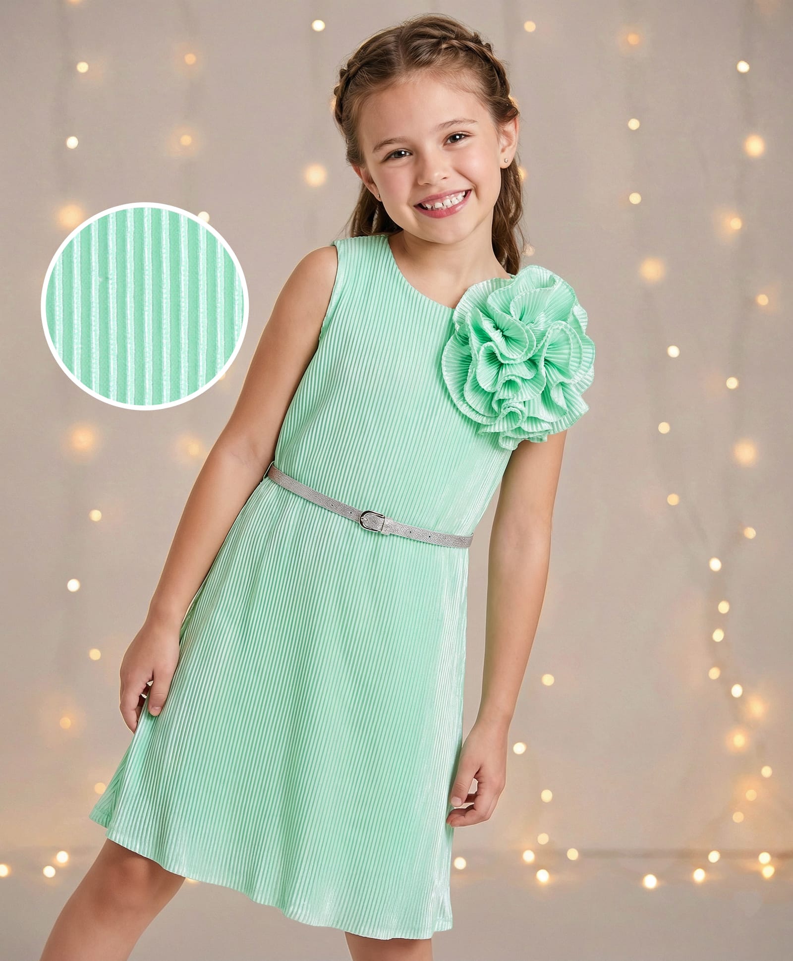 Hola Bonita Knit Sleeveless Pleated Fabric Solid Dress With Applique & Belt - Sea Green-image-28