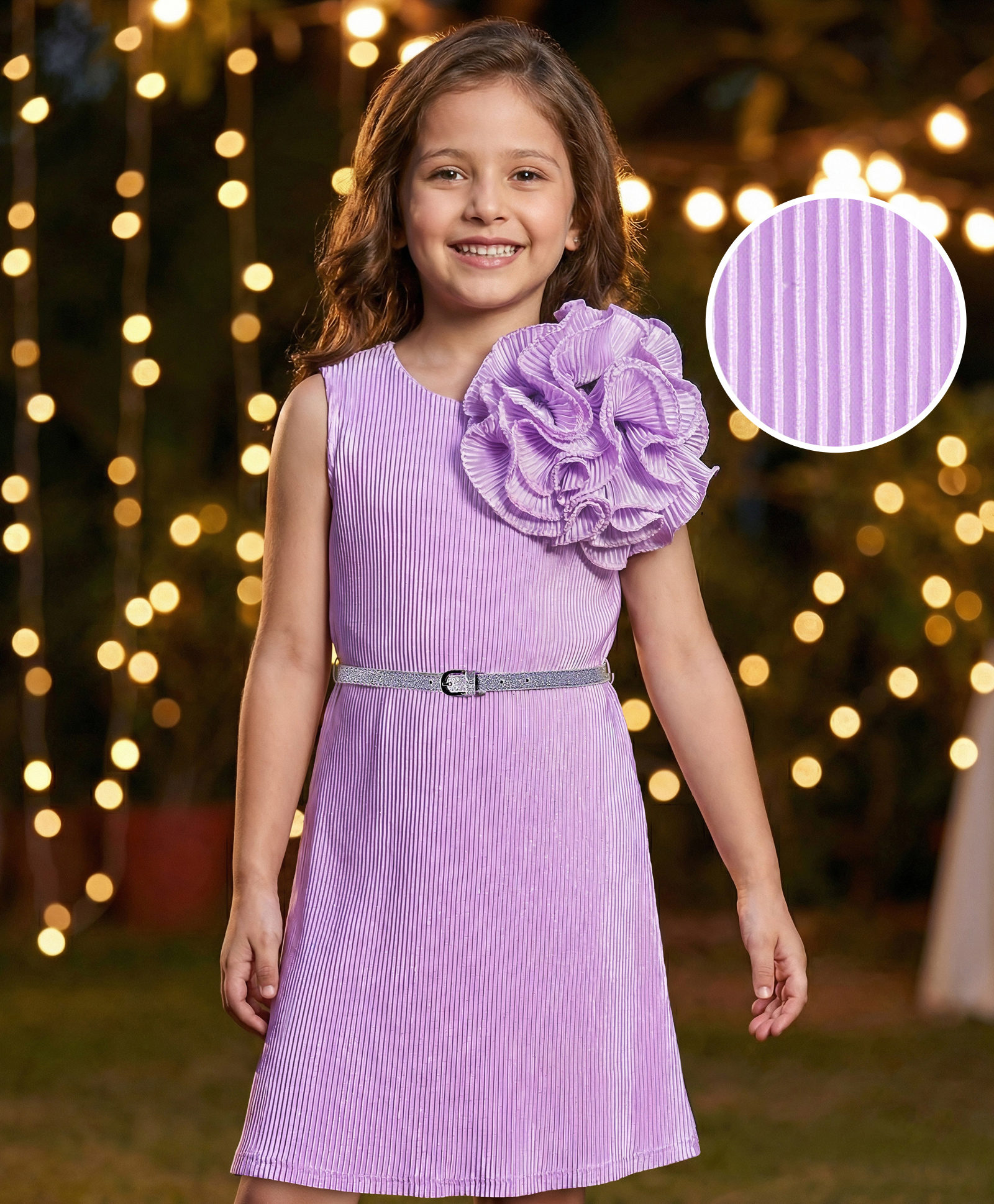 Hola Bonita Knit Sleeveless Pleated Fabric Solid Dress With Floral Applique & Belt - Lavender-image-38