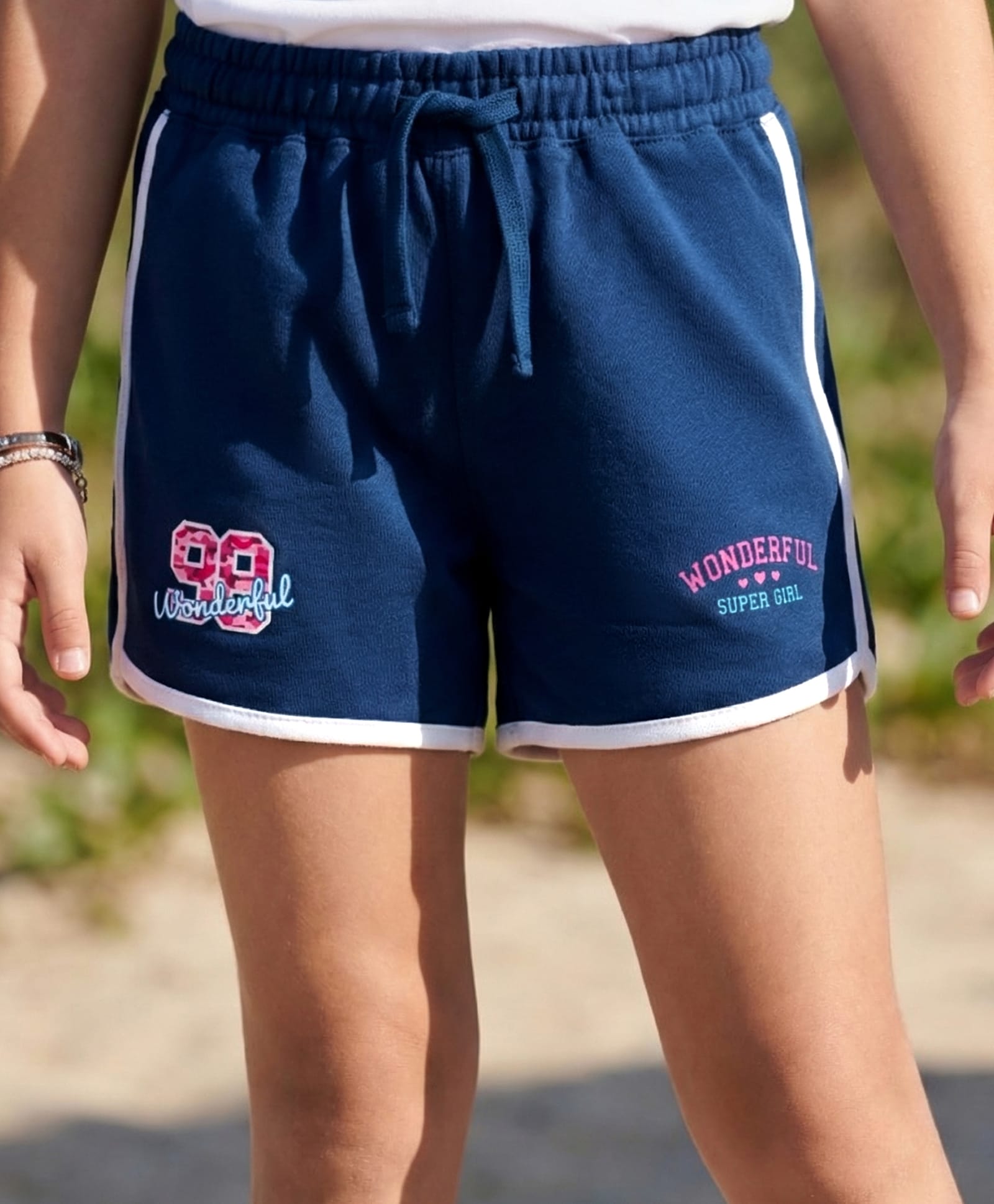 Pine Kids Looper Knit Mid Thigh Length Shorts with Numerical & Text Print- Navy Blue-picture-0
