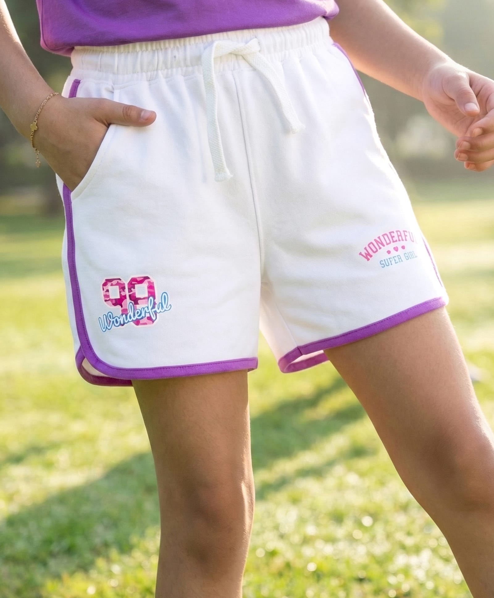 Pine Kids Looper Knit Mid Thigh Length Shorts with Numerical & Text Print- White-picture-19