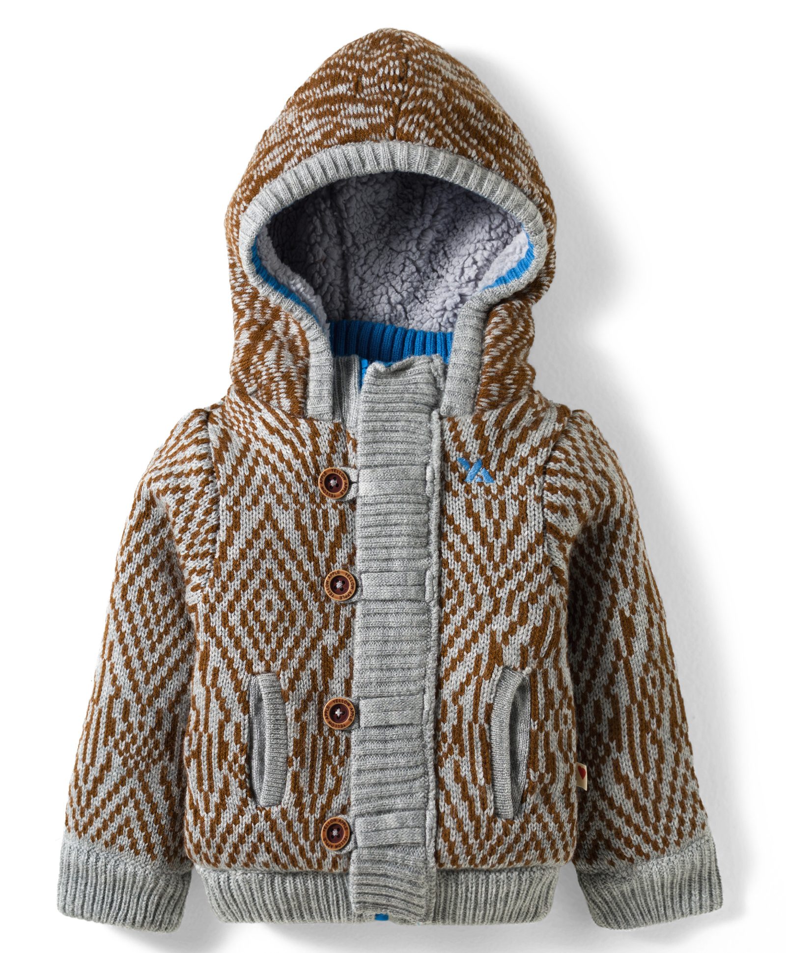Yellow Apple Knit Full Sleeves Hooded Sweater With Geometric Design & Kangaroo Pocket - Grey-image-12