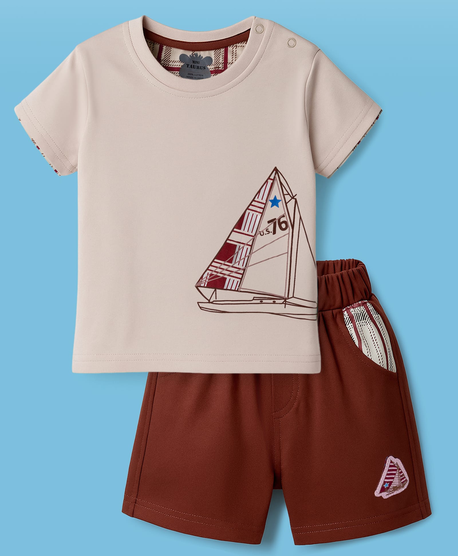 Mini Taurus Sinker Knit Half Sleeves T-Shirt & Shorts Set With Nautical Theme Print - Rust Orange-picture-3