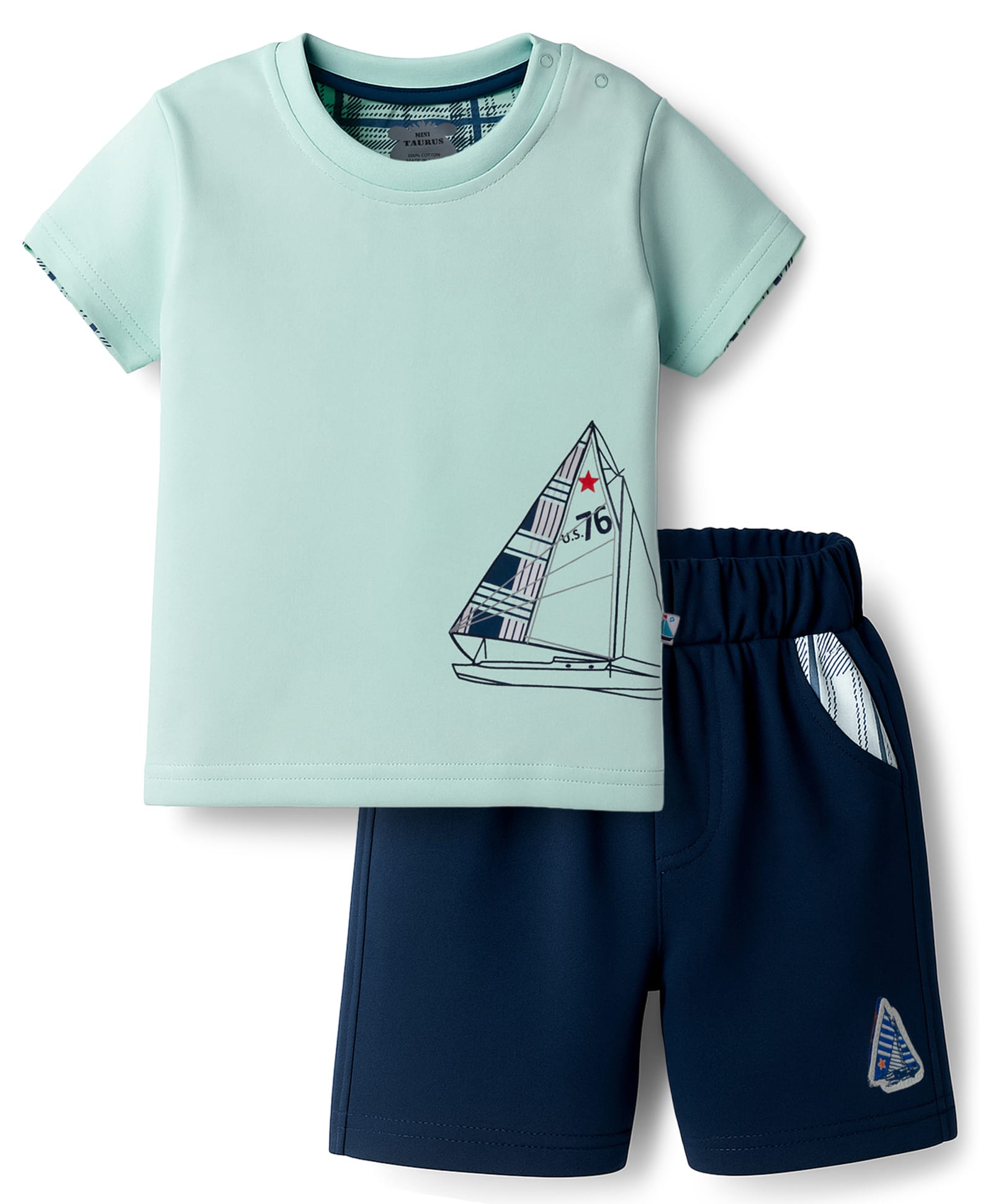 Mini Taurus Sinker Knit Half Sleeves T-Shirt & Shorts Set With Nautical Theme Print - Mint-picture-17