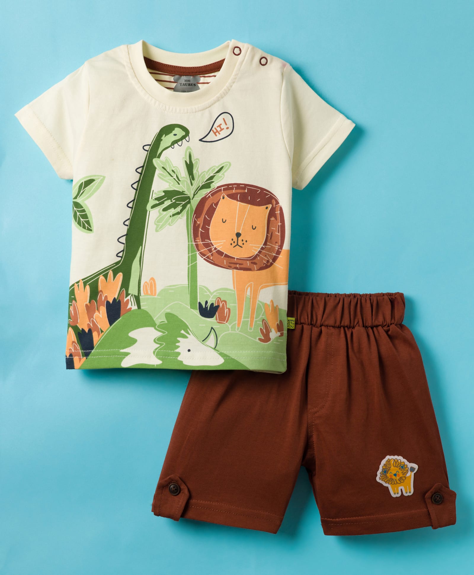 Mini Taurus Sinker Knit Half Sleeves Animal Printed T-Shirt & Shorts Set - Dark Rust-image-48