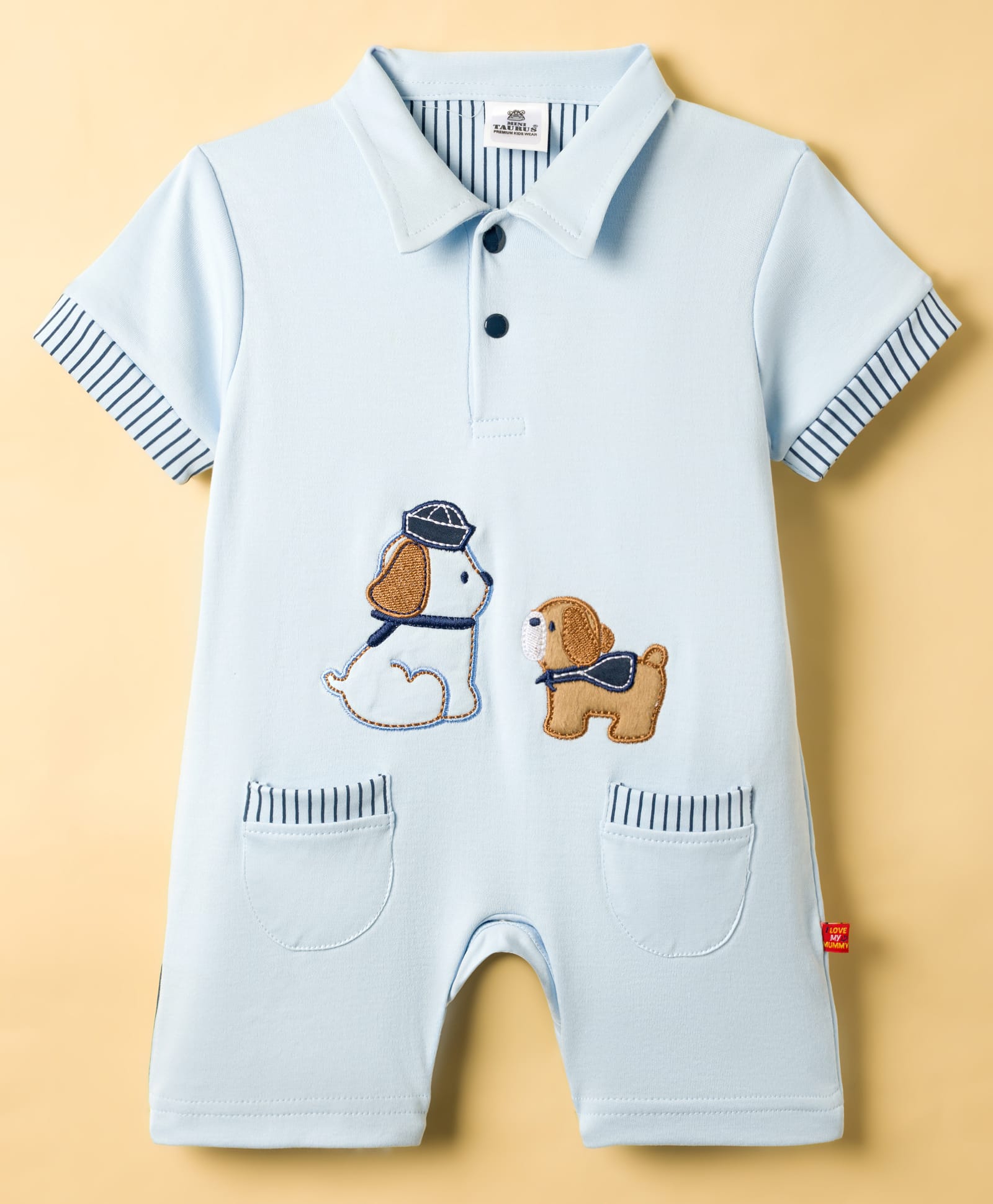 Mini Taurus Interlock Knit Half Sleeves Romper with Puppy Embroidery - Light Blue-picture-22