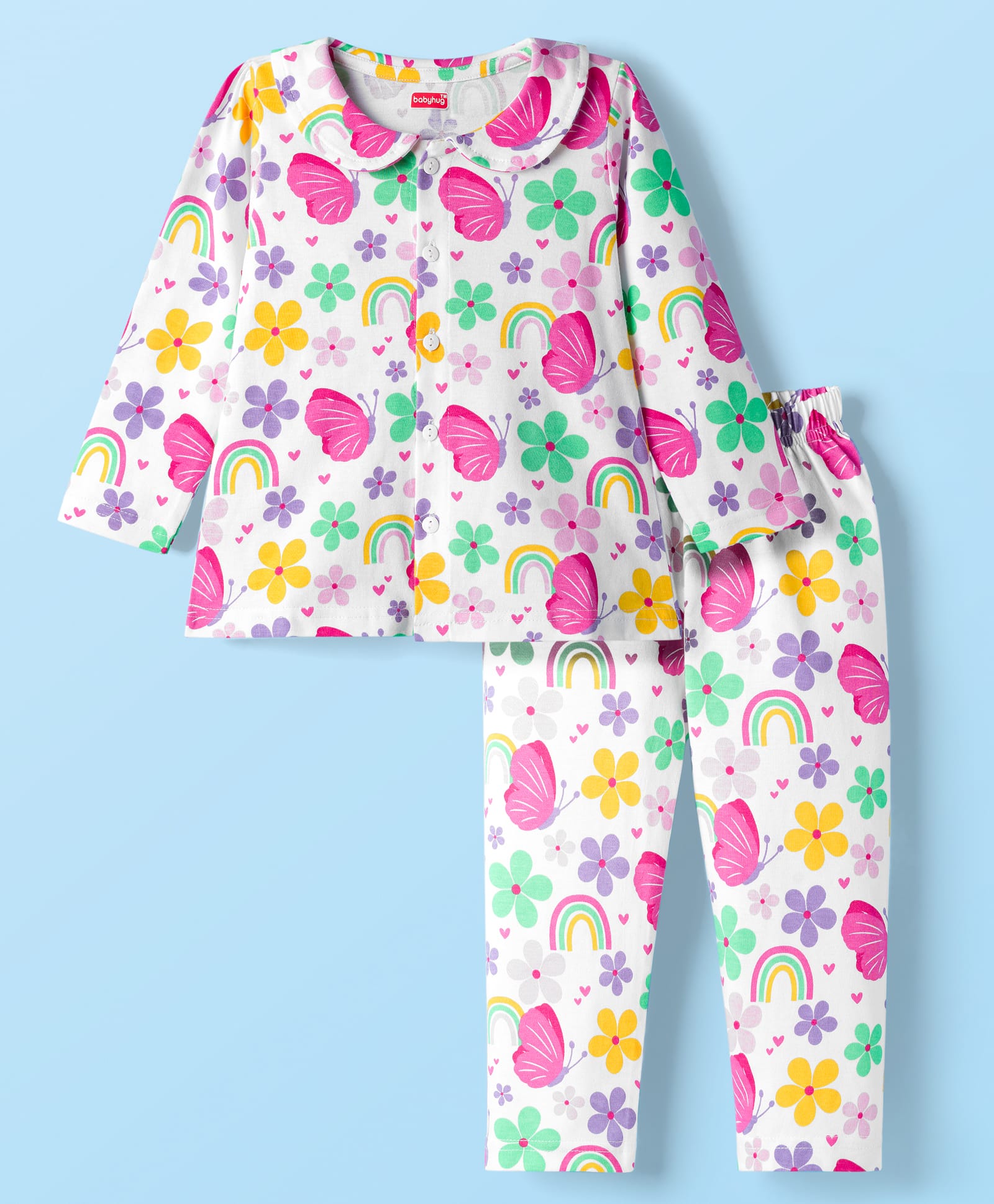 Babyhug Cotton Knit Full Sleeves Co-ord Night Suit With Floral & Butterfly Print - White-image-25