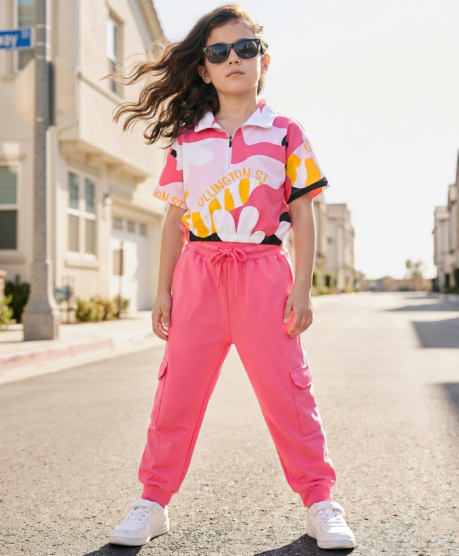 OLLINGTON ST. Cotton Half Sleeves Printed Top & Joggers Set - Multicolor & Pink