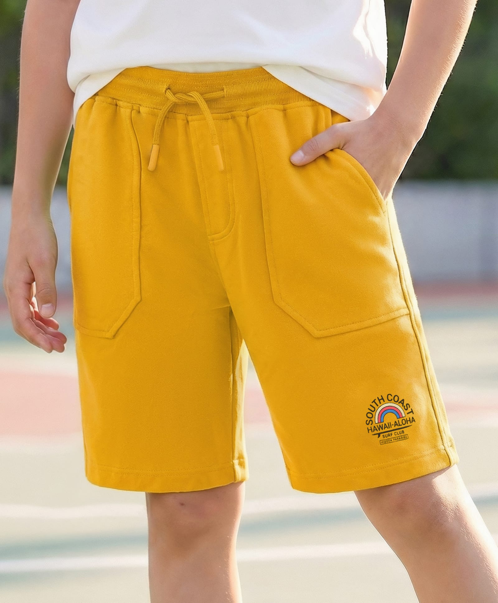 Pine Kids Looper Knit Short with Hawaii Print - Gold-picture-1