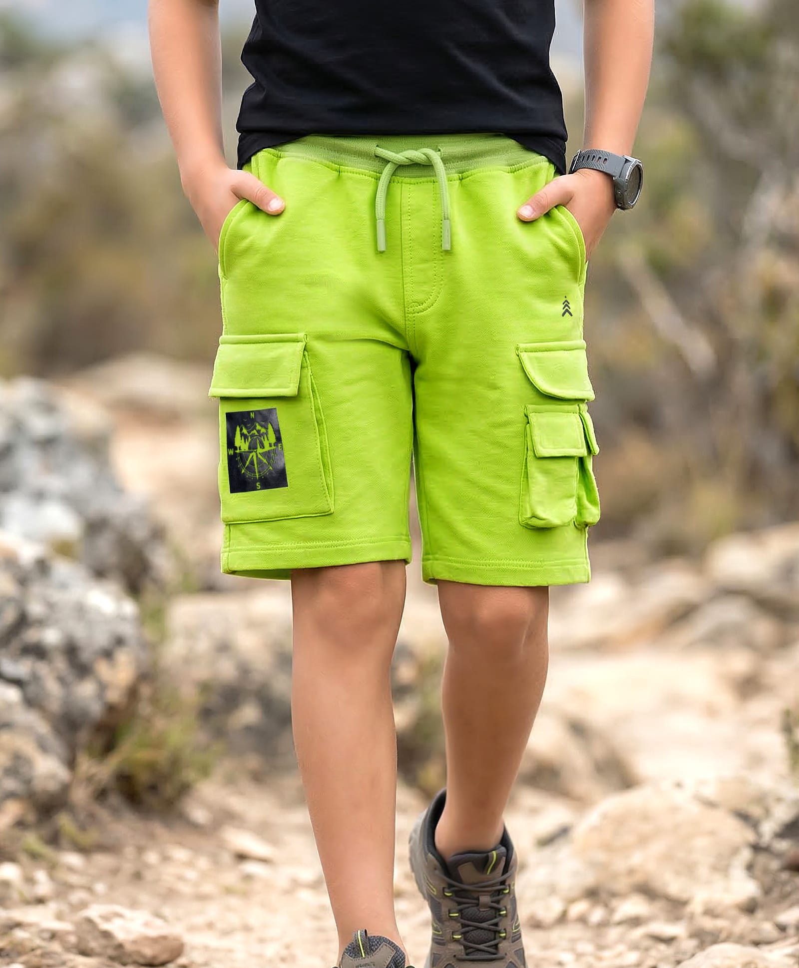 Pine Kids 100% Cotton Knit Knee Length Shorts With Cargo Pockets - Lime Green-image-33