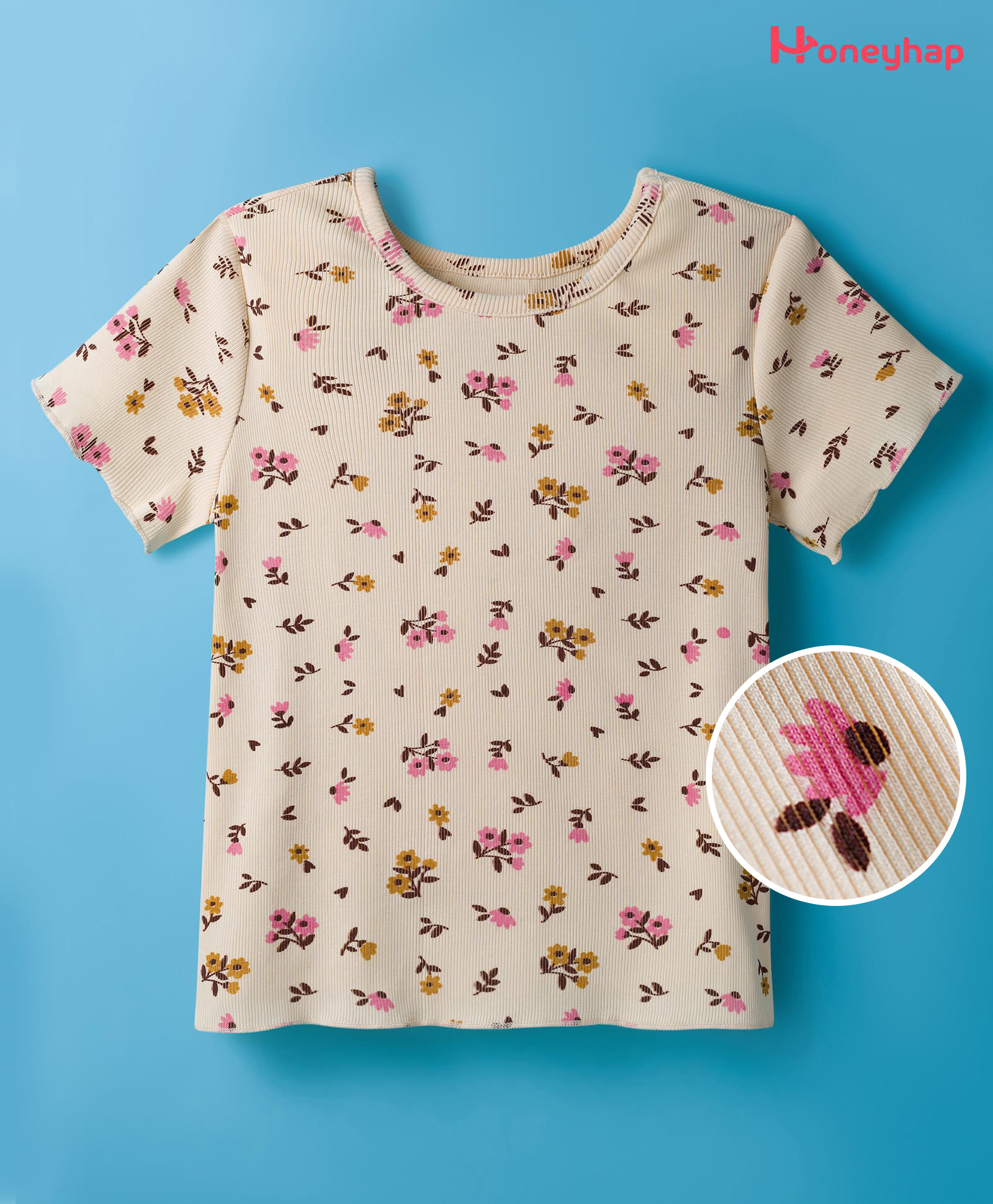 Honeyhap Premium Cotton Rib Knit With Bio Finish Half Sleeves T-Shirt With Floral Print - Shortbread-image-29