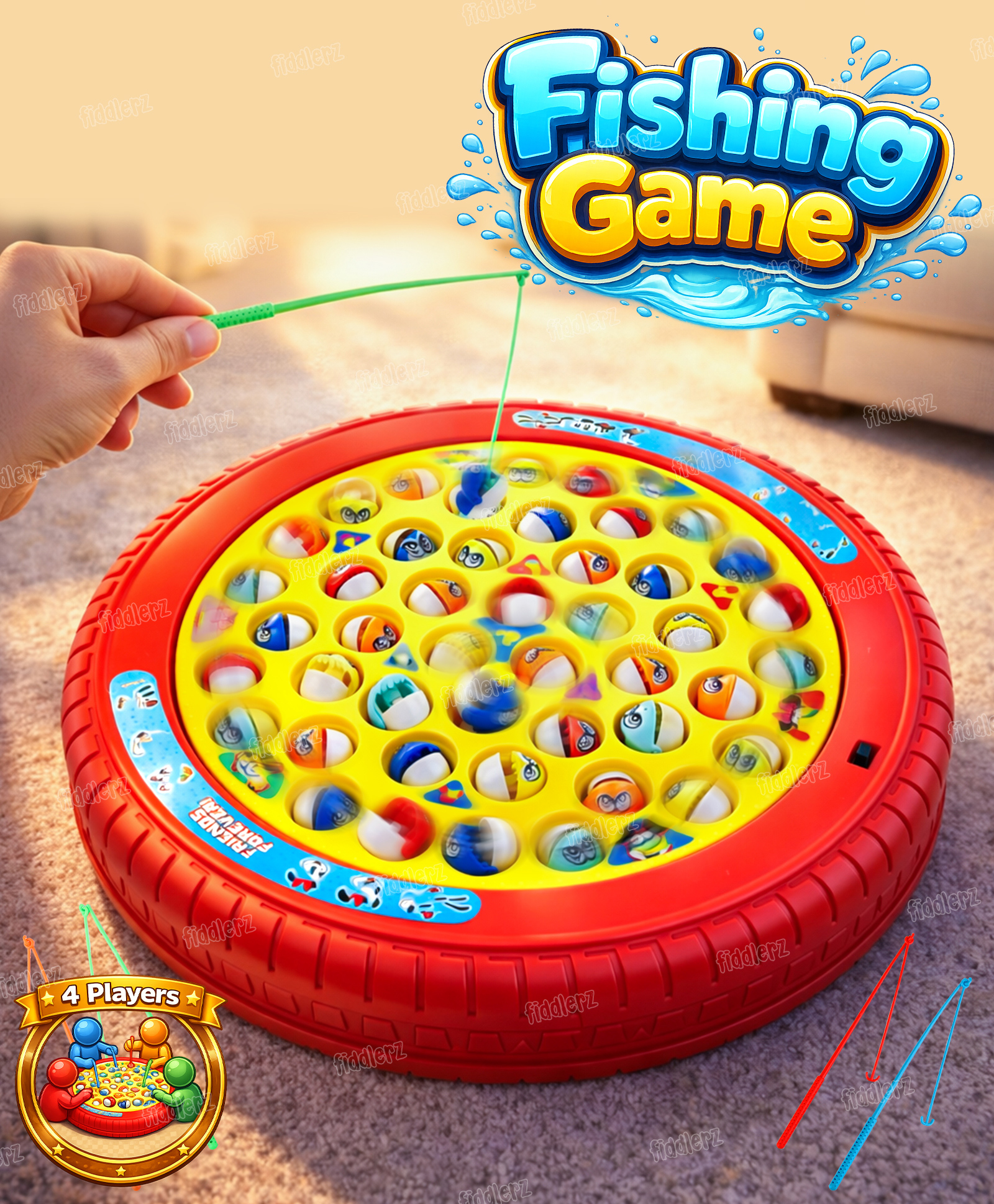 Fiddlerz Musical Rotating Fishing Game for Kids Magnetic Board Game with 45 Fish and 4 Rods Fun Educational Toy for Boys and Girls Ages 3+ (Red)