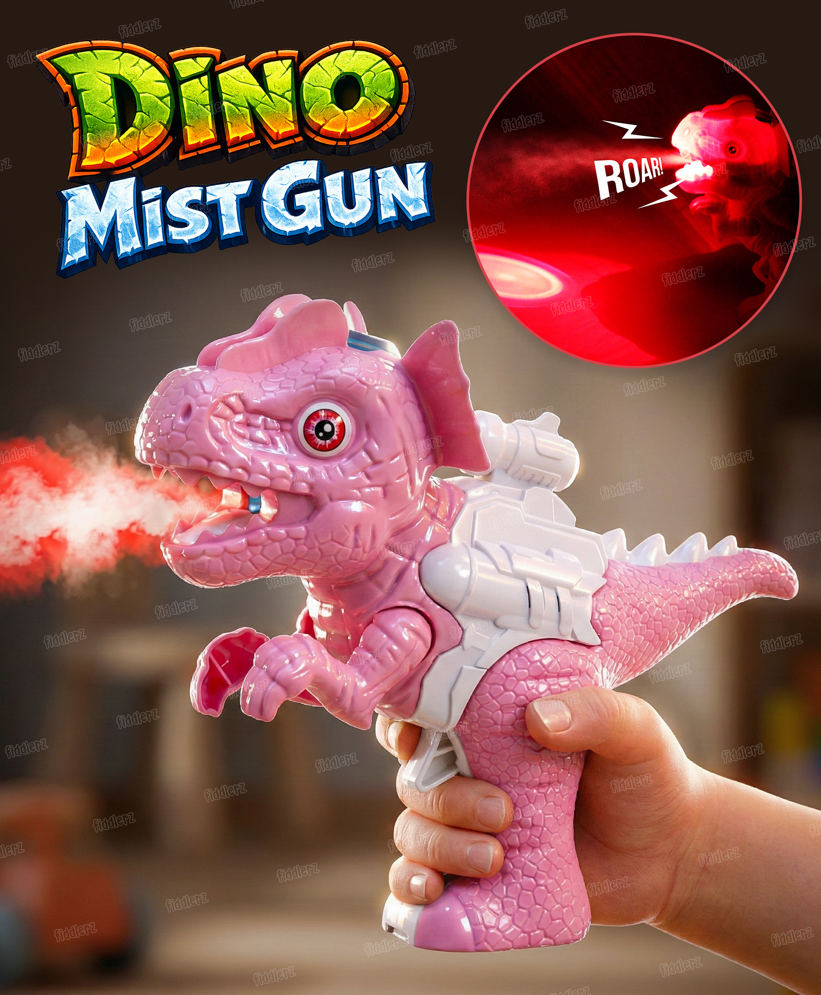 Fiddlerz Dino Mist Gun Toy for Kids Water Spray Gun with LED Lights & Roaring Sound Cool Mist Effect Water Toy - Pink-image-48